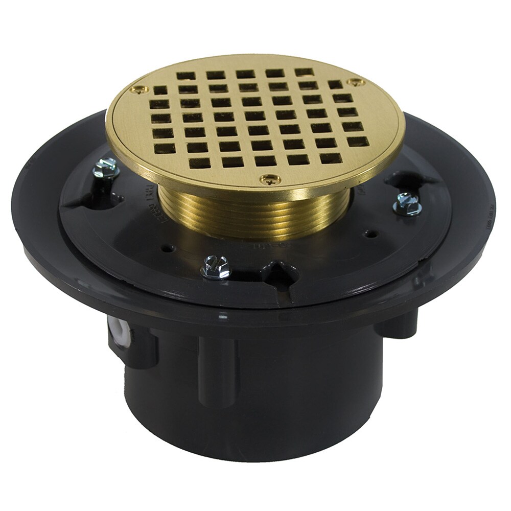 Jones Stephens D49219 4-in Heavy Duty PVC Floor Drain Base with 3-in Metal Spud, 8-1/2-in Pan and 5-in Polished Brass Strainer