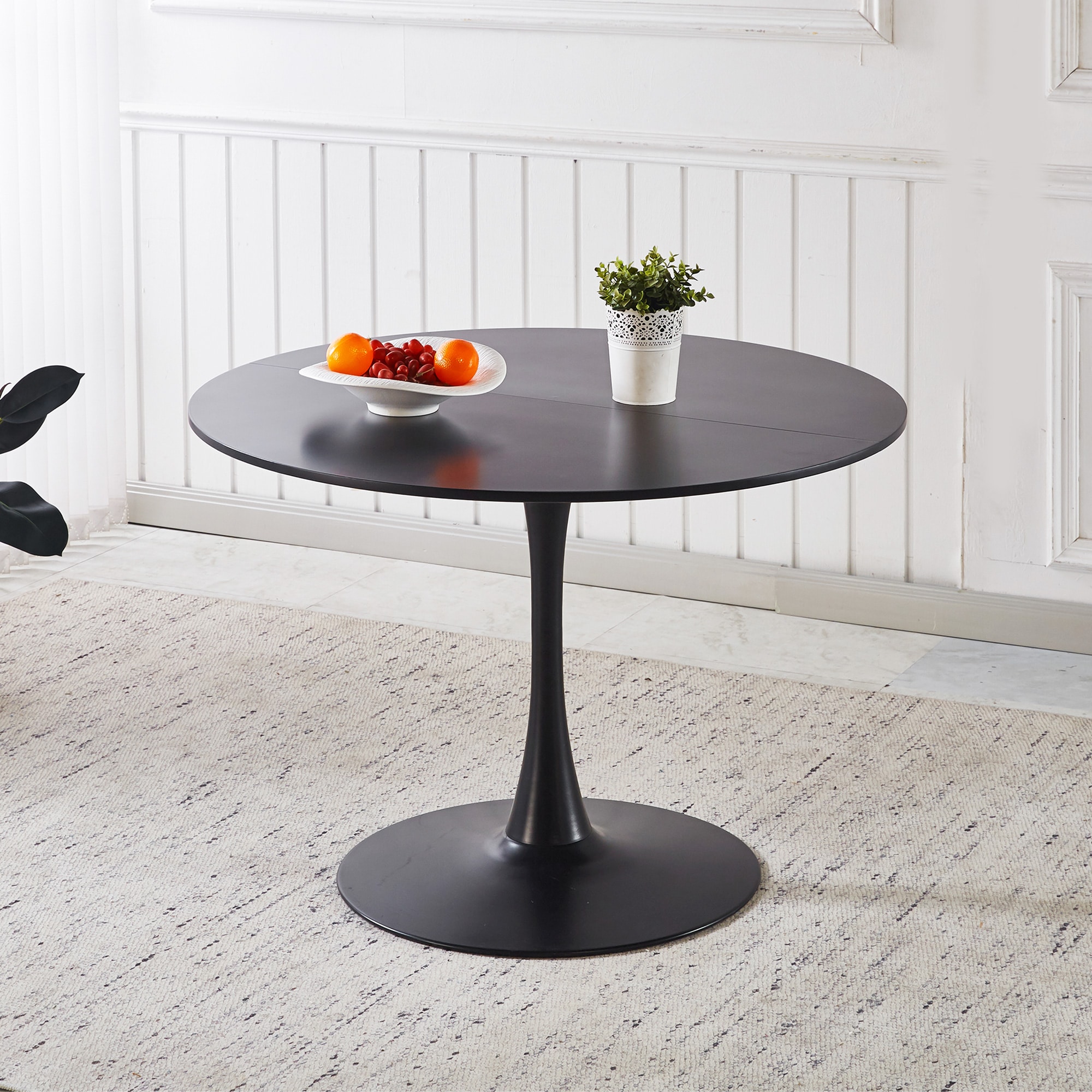 GDFStudio Silvergrove Mid-Century Modern Contemporary 42.1 in. Pedestal Tulip Dining Table with Two Panel Round Top - Black