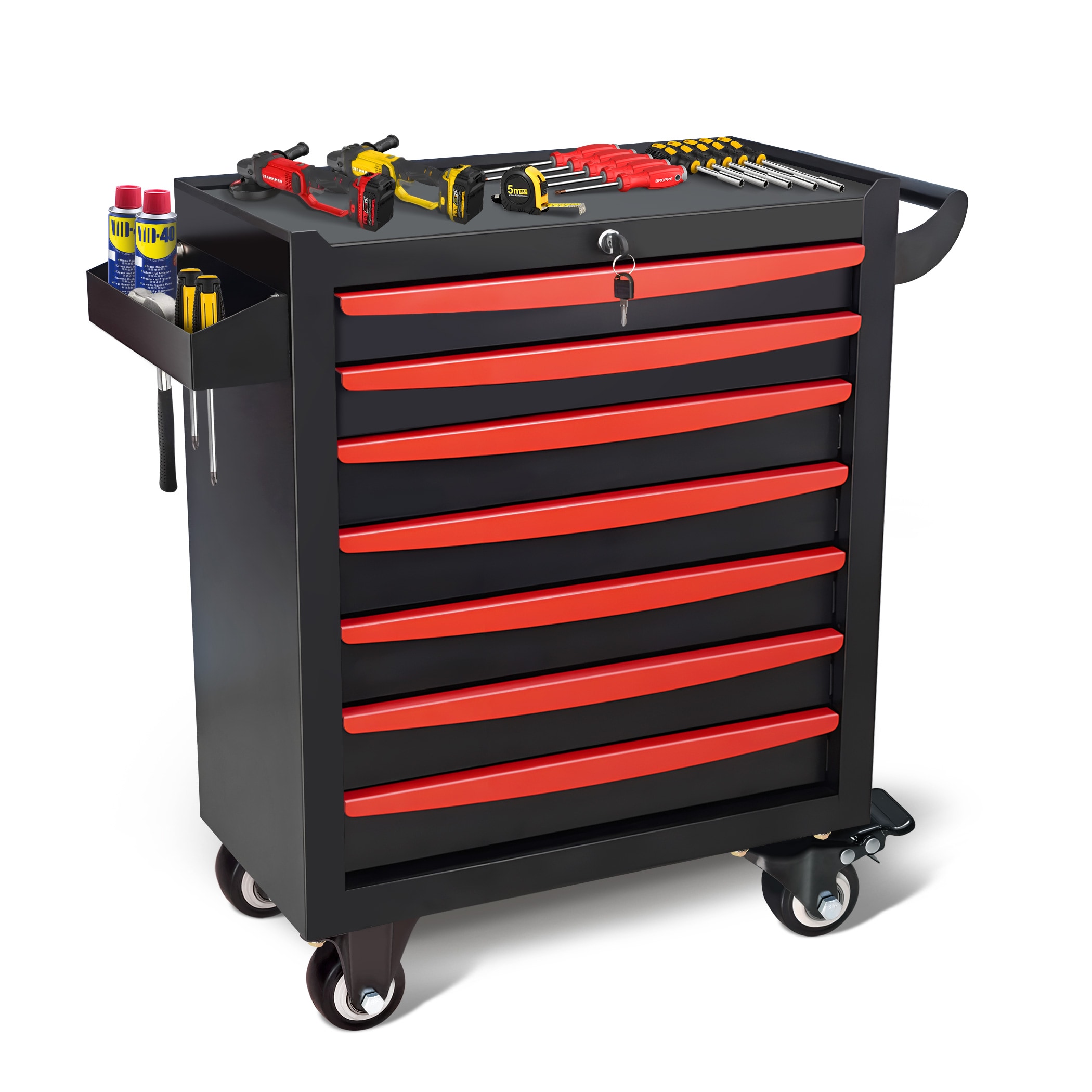 LUCKY ONE 24.3-in 7-Drawer Steel Rolling Tool Cabinet (Black and Red)