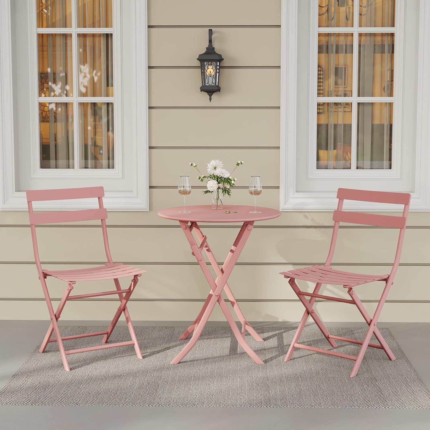 Qeetex LHF-HW-PPG-3339V3D9 3 Pieces Patio Bistro Set for Outdoor Bistro Table and Chairs Set of 2 Waterproof Folding Coffee Table and Chairs Sets Foldable Small Patio Furniture Set for Porch/Lawn/Balcony/Apartments (Pink)
