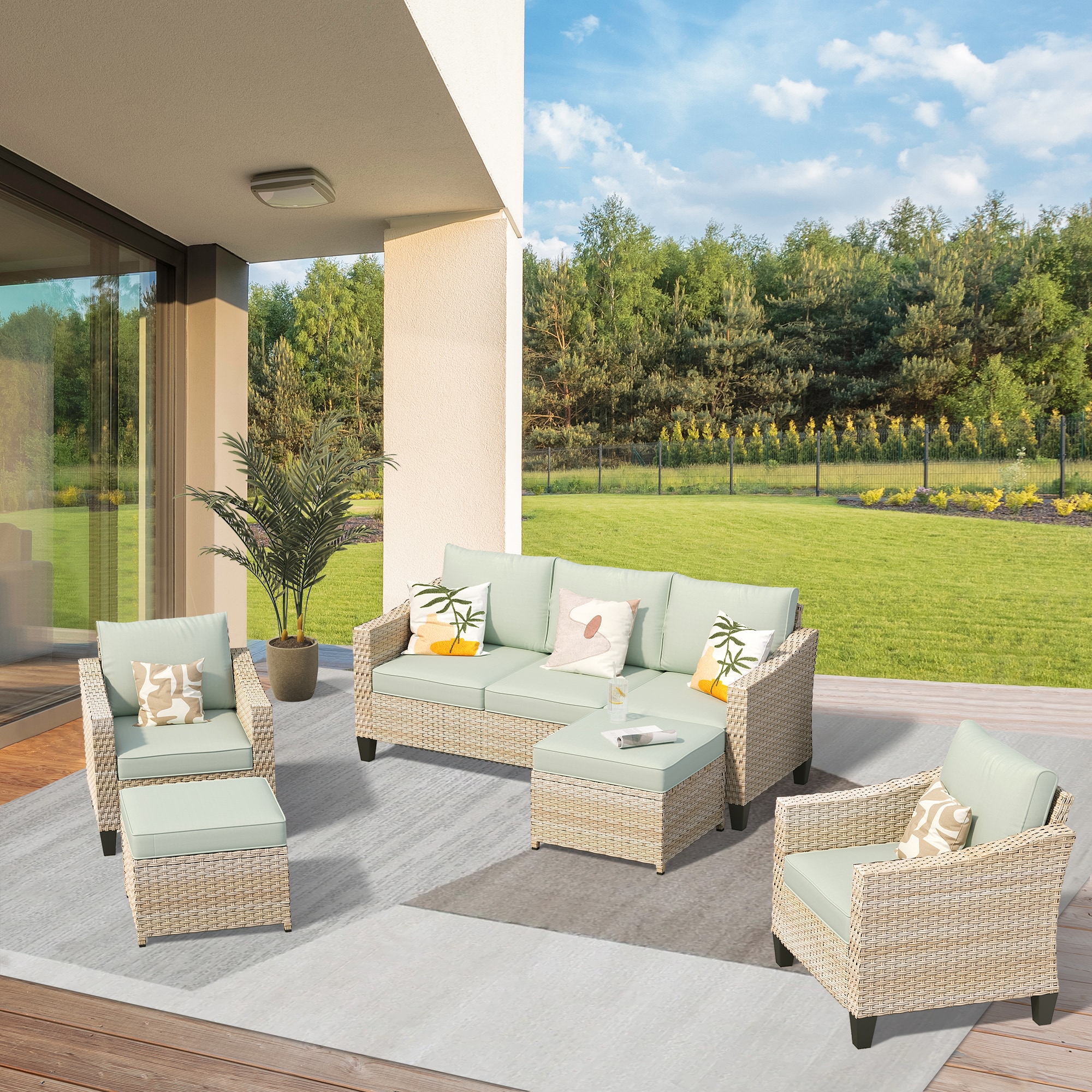 weaxty HMBDAR905 Athena 5 -Piece Wicker Patio Sofa Conversation Set with Green Cushions