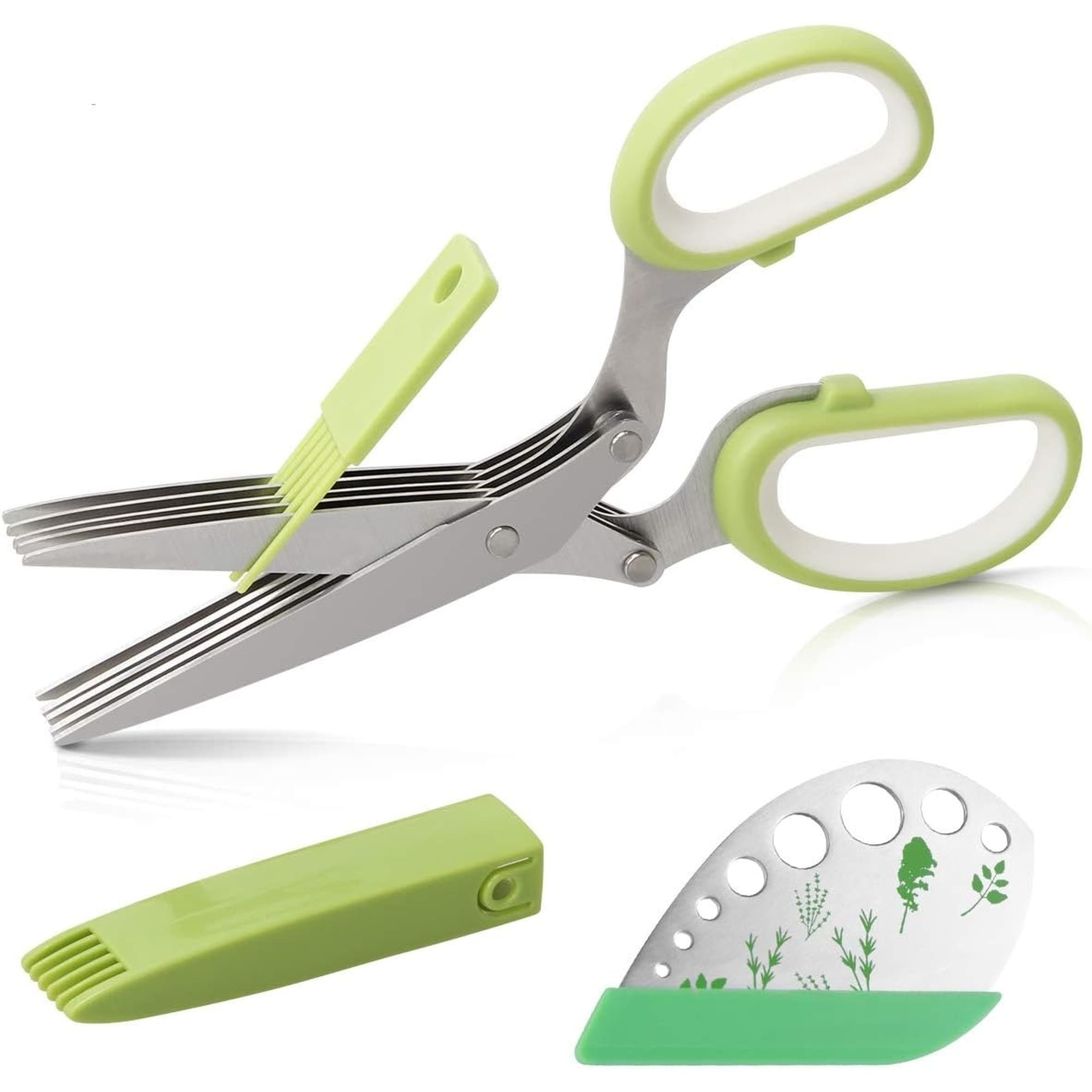 Numhew - 8in L 3.5in W 2-Piece 5-Blade Green Herb Scissors and Stripper Set