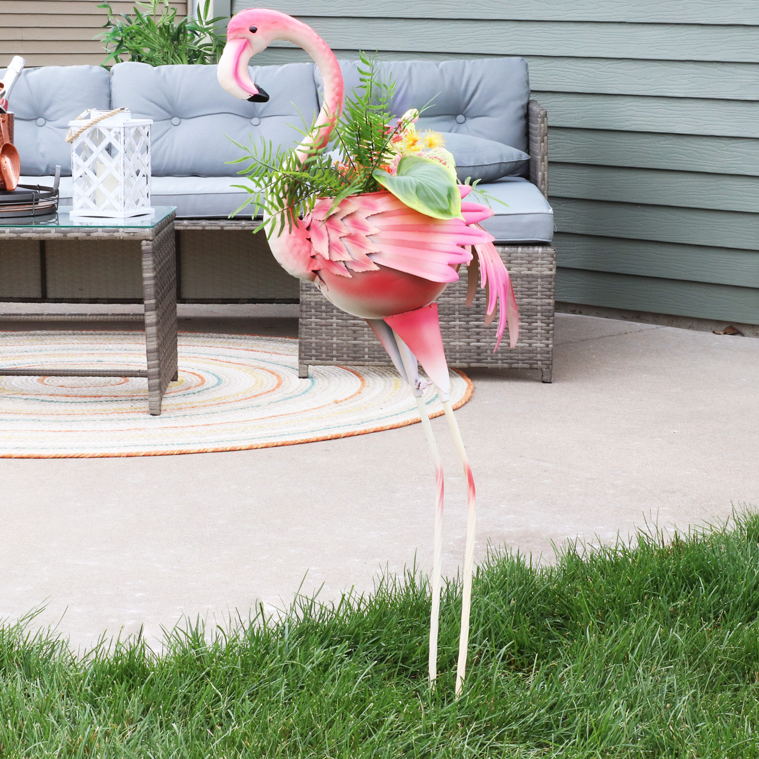 Sunnydaze 36" Pink Metal Flamingo Garden Statue with Planter