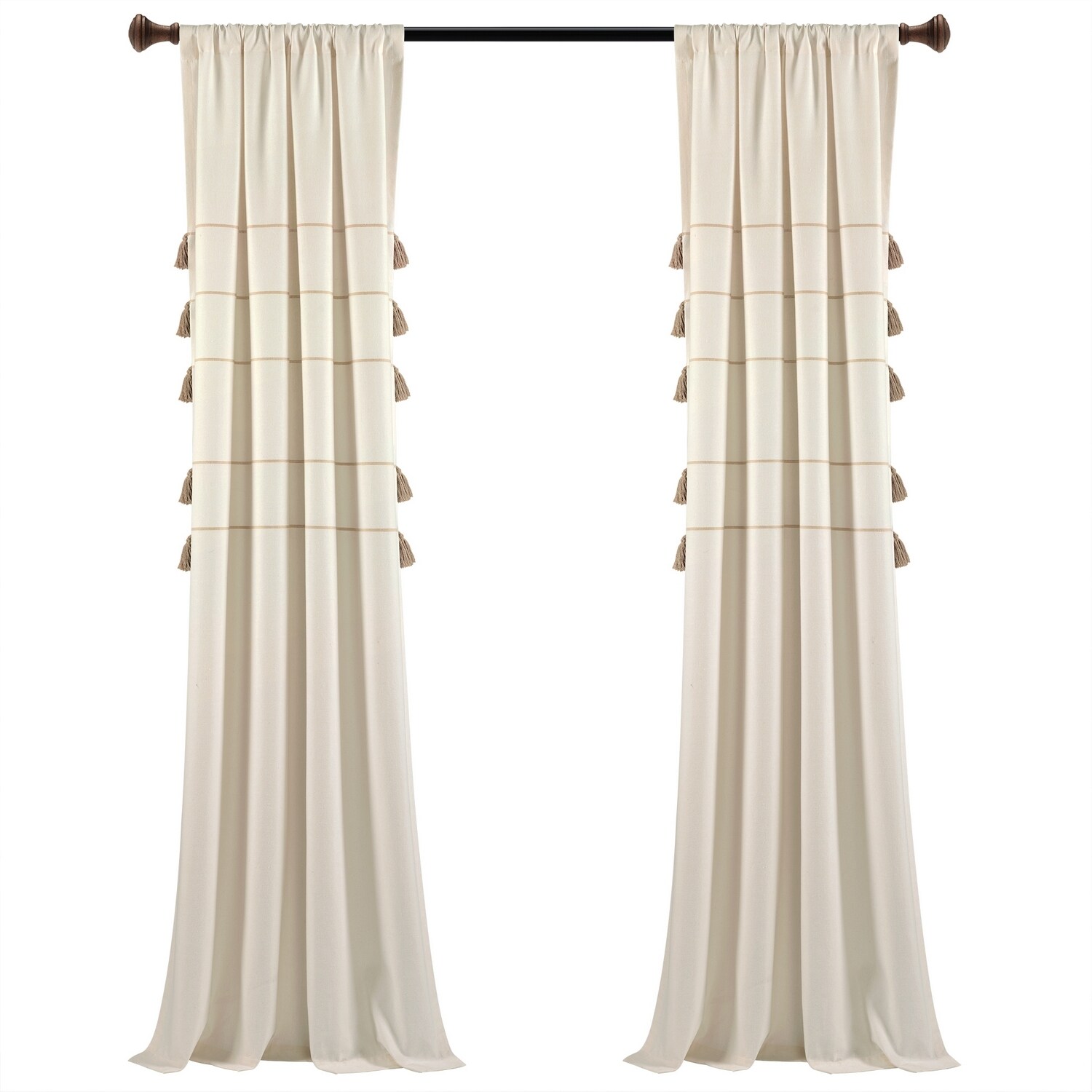 Ivory and Wheat Cotton Boho Tassel Window Curtain Panels, 42"W x 95"L