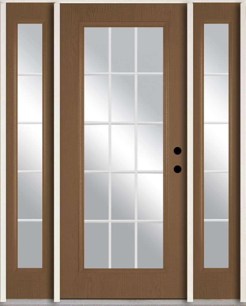 RELIABILT LO889955 60-in x 80-in x Fiberglass Full lite Left-hand inswing Woodhaven Stained Prehung Front Door with Sidelights Insulating core with Grilles