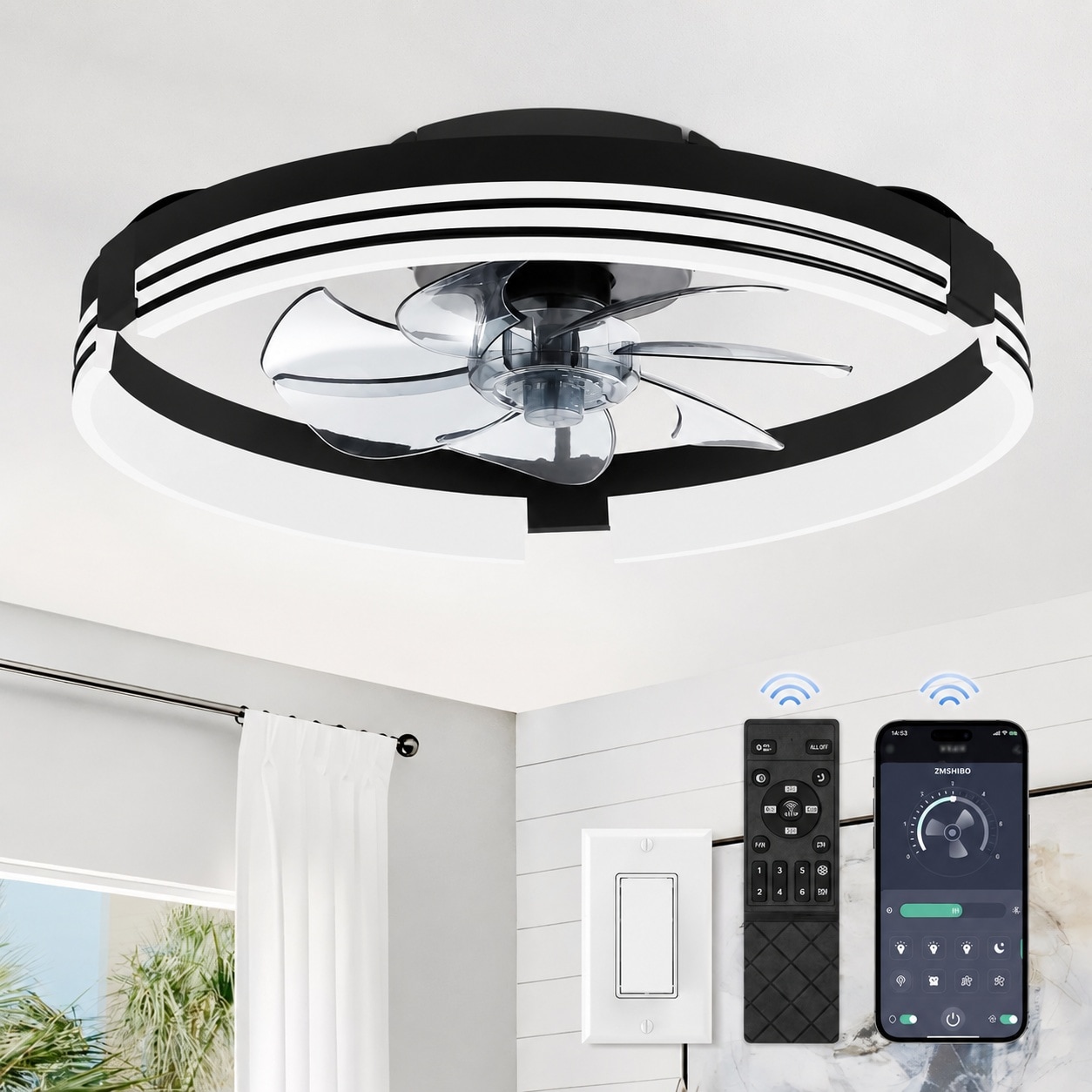 ITOPFOX  Low Profile Ceiling Fan with Light 20 Inch Flush Mount LED Fandelier Remote and App Control 6 Speeds Reversible Motor Dimmable for