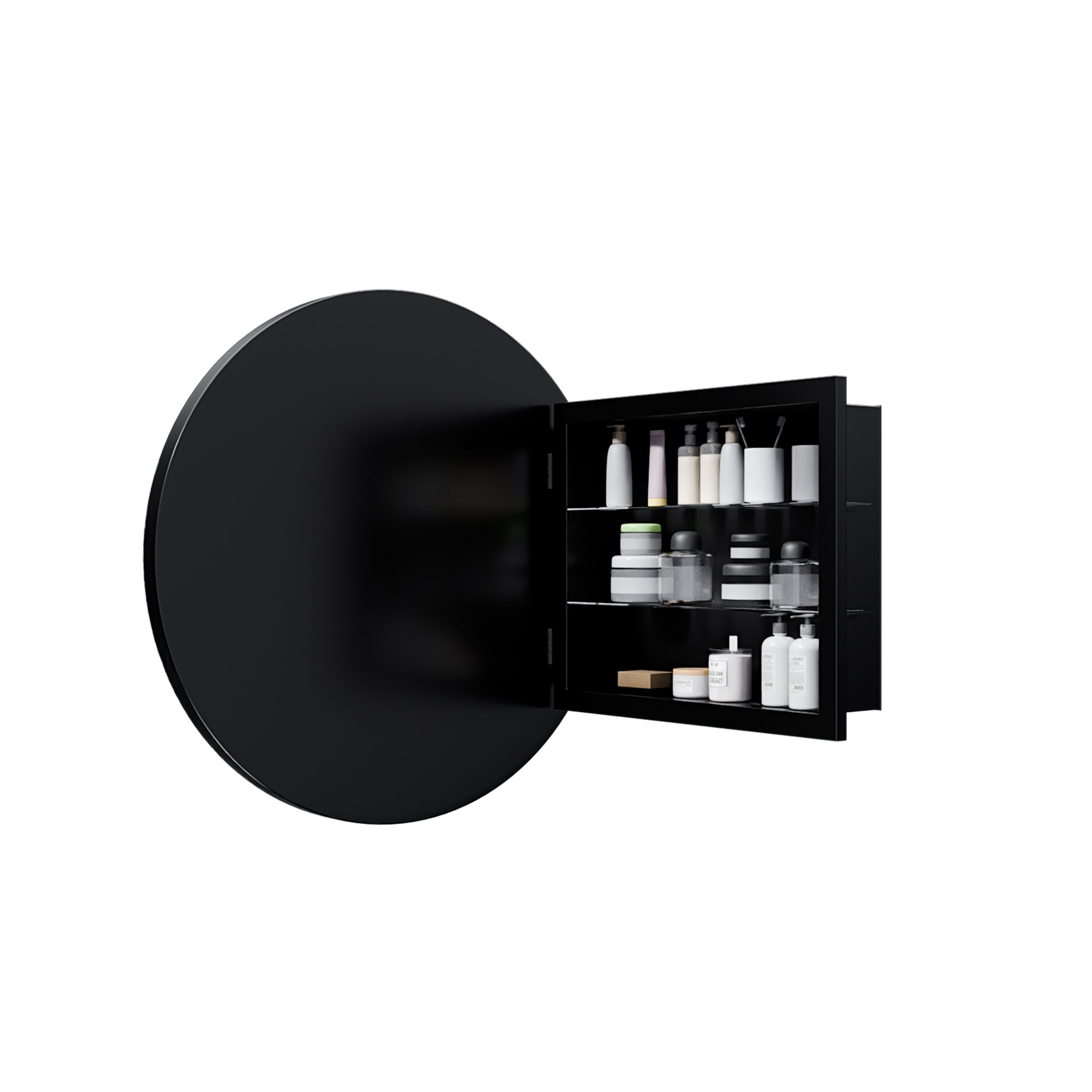 LIVACA - 24 inch Black Metal Framed Round Medicine Cabinet with Mirror and Adjustable Shelves