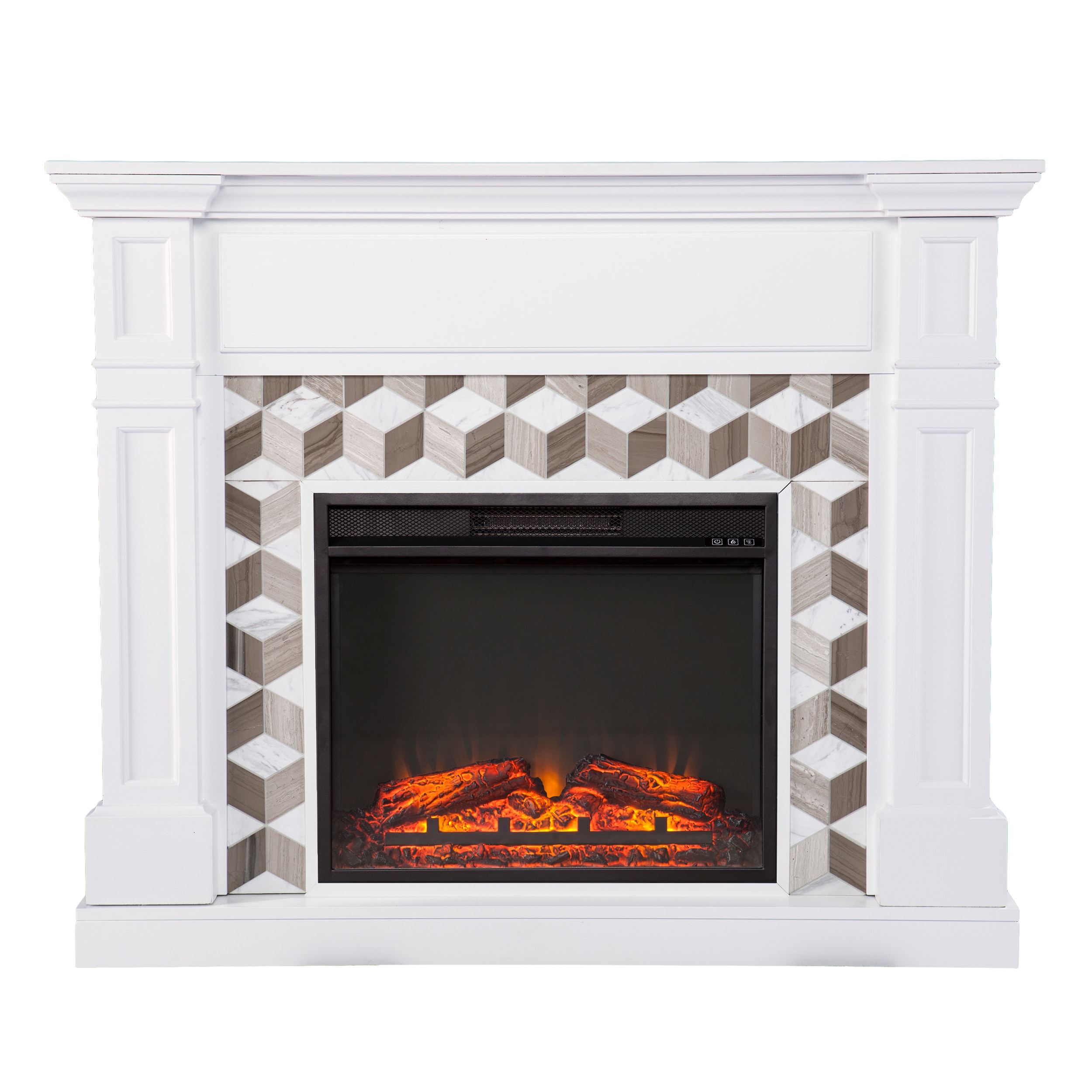 Southern Enterprises FP1105059 48-Inches W White with brown marble Free standing Fan-forced Flat wall Electric Fireplace with Remote Control Included