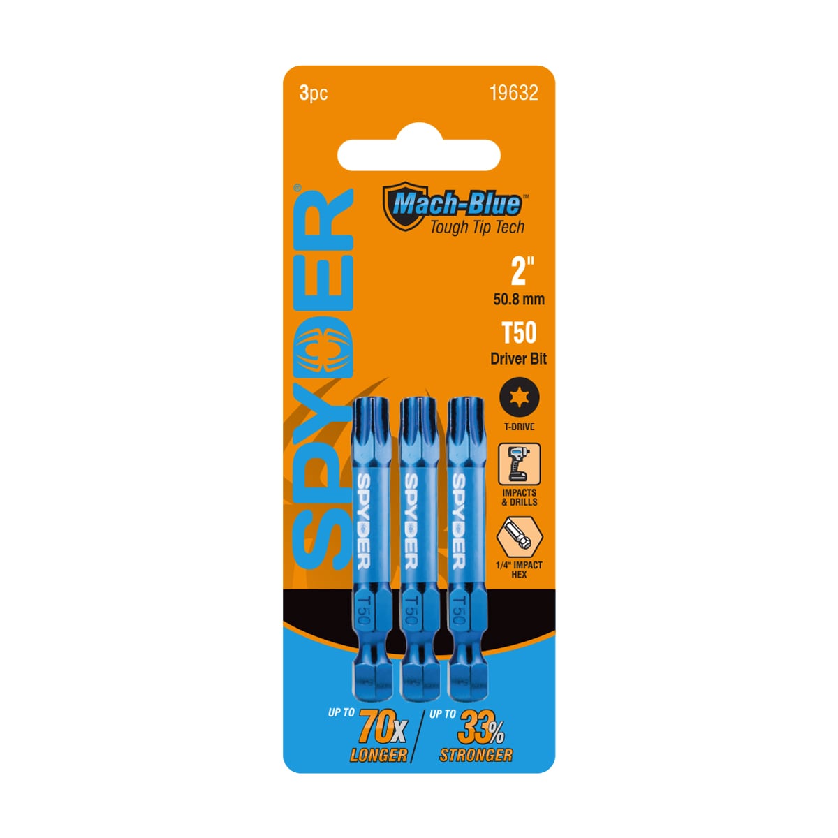 Spyder 19632 Mach-Blue 1/4-in x 2-in Torx Impact Driver Bit 3 -Piece