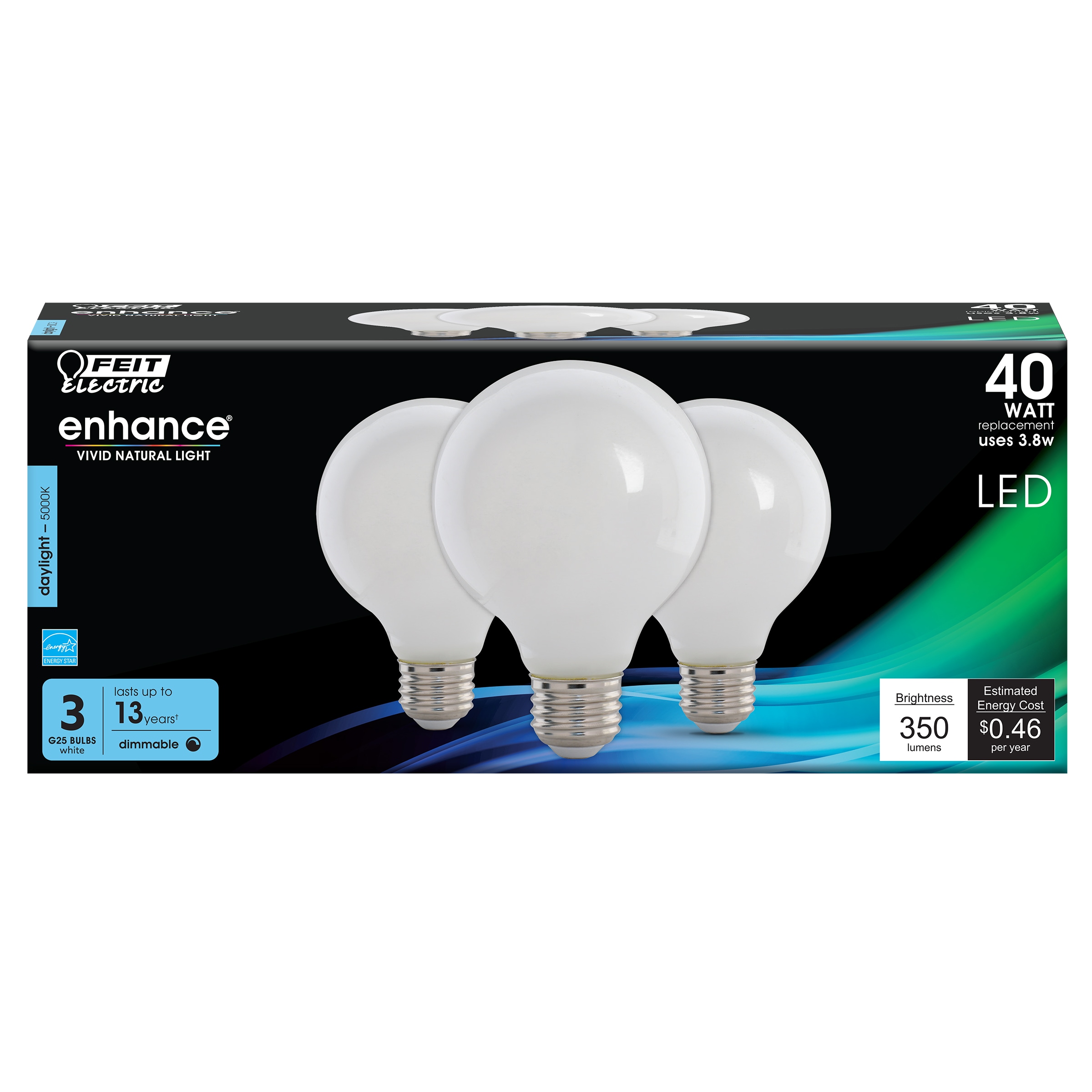 Feit Electric G2540W950CA/FIL/3/RP LED FILAMENT 40 -Watt EQ G25 Daylight E26 Dimmable LED General purpose Light Bulb 3 -Pack