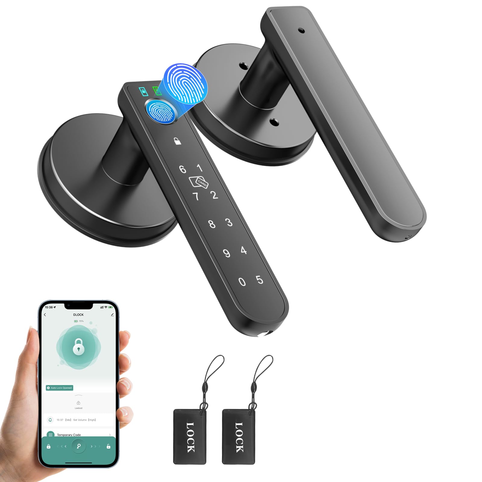 JVFCXXV  Fingerprint Door Lock 6 in 1 Smart Door Knob with App Control Fingerprints IC Cards Passwords and Mechanical Keys Black