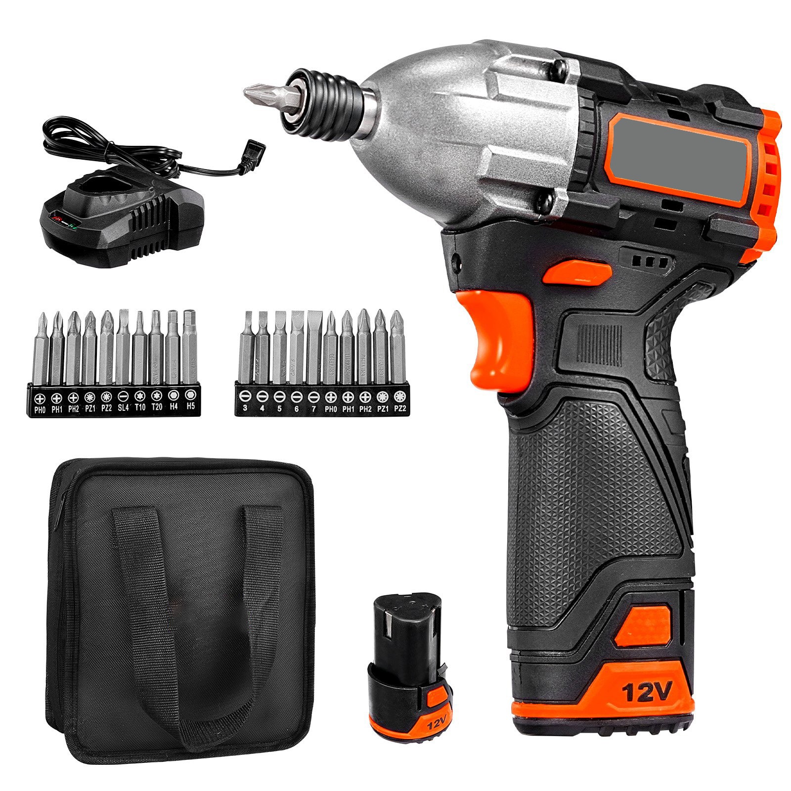 Mecale 12V Cordless Impact Driver 1/4-in Brushless 120-N-m 3000-RPM Kit with Battery Charger and 20 Bits