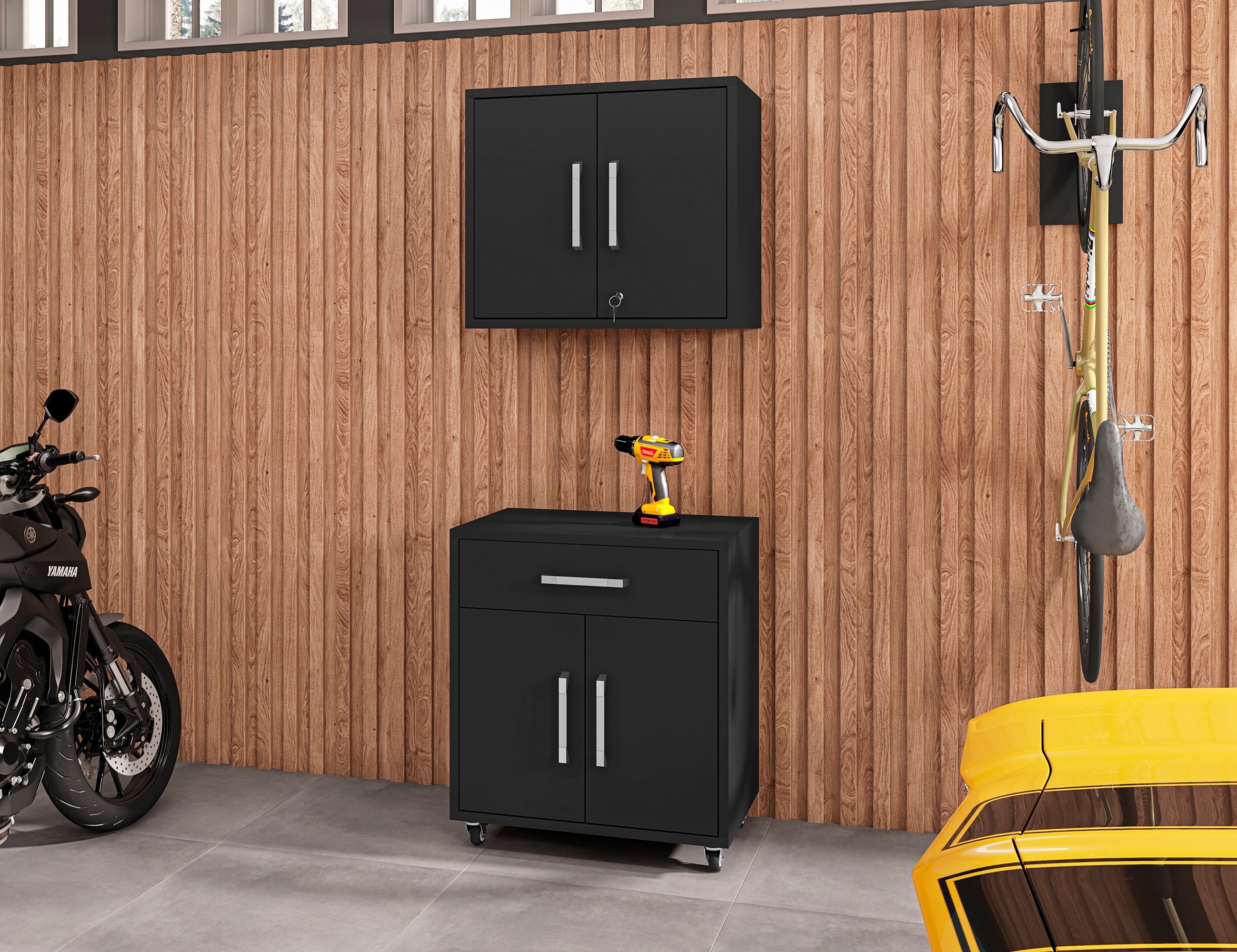 Manhattan Comfort 2-256BMC8 Eiffel 28.35-Inches W x 60-Inches H x 17.72-Inches D Freestanding Composite wood Garage Cabinet in Black