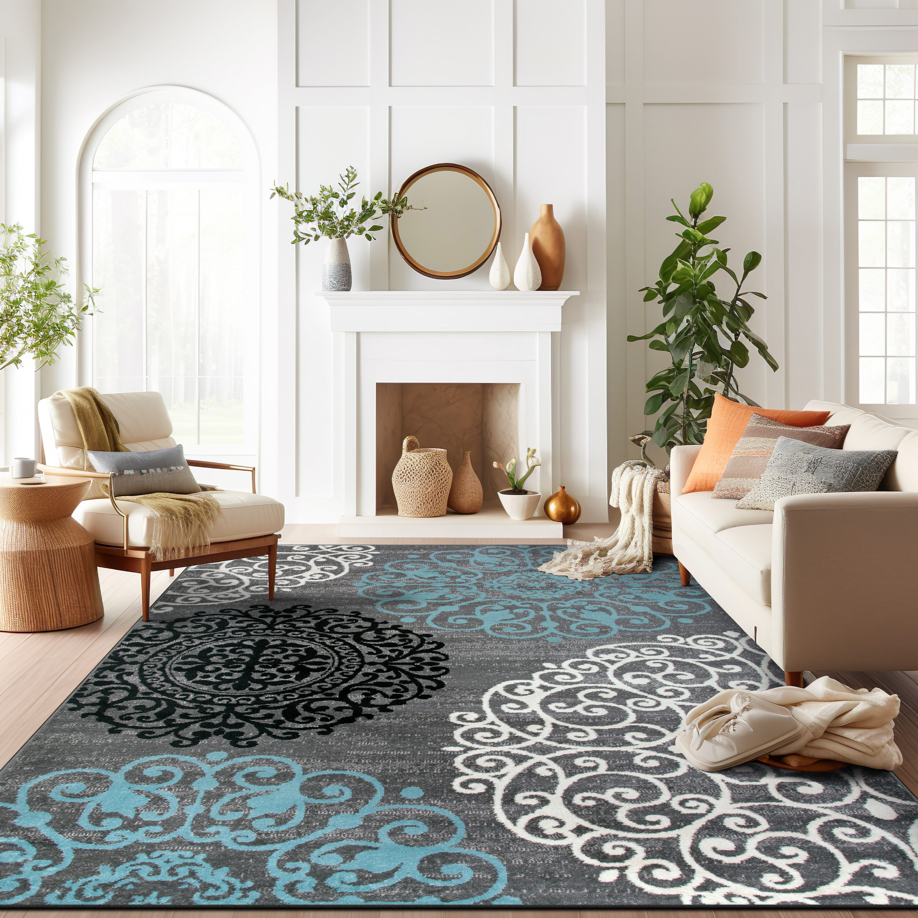 Gray and Blue Floral Synthetic Low Pile Area Rug