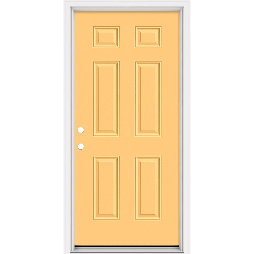 Masonite 321048 Steel Doors Series 36-in x 80-in x Steel No glass Right-hand inswing Cabana Yellow Painted Prehung Front Door with Brickmould Insulating core