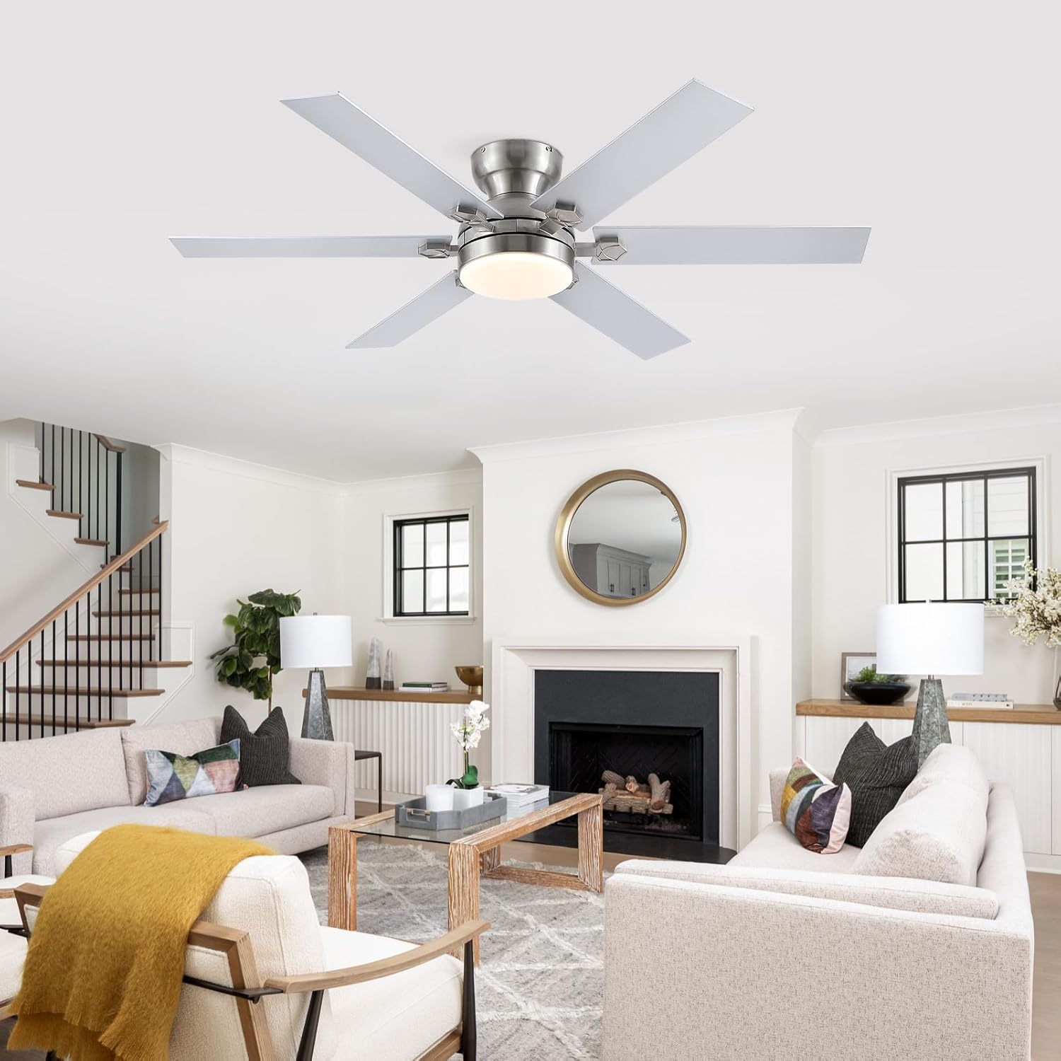 Gleam Flare 52 inch Flush Mount Ceiling Fan with Light Remote and APP Control 6 Dual Side Blades Reversible DC Motor