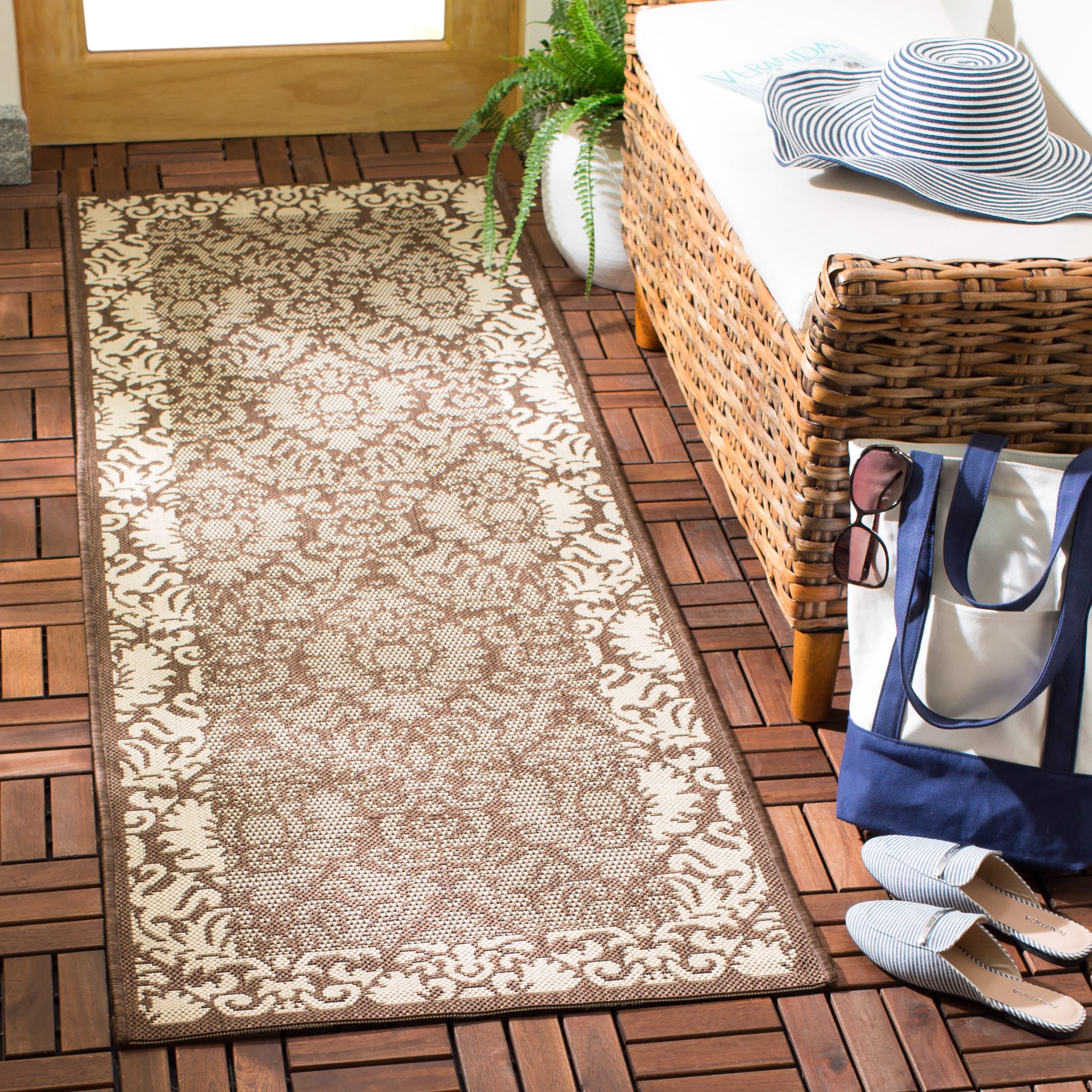 Safavieh CY2727-3409-27 Courtyard Nashua 2 x 7 (ft) Loomed Polypropylene Chocolate/Natural Rectangular Indoor/Outdoor Damask Coastal Runner rug