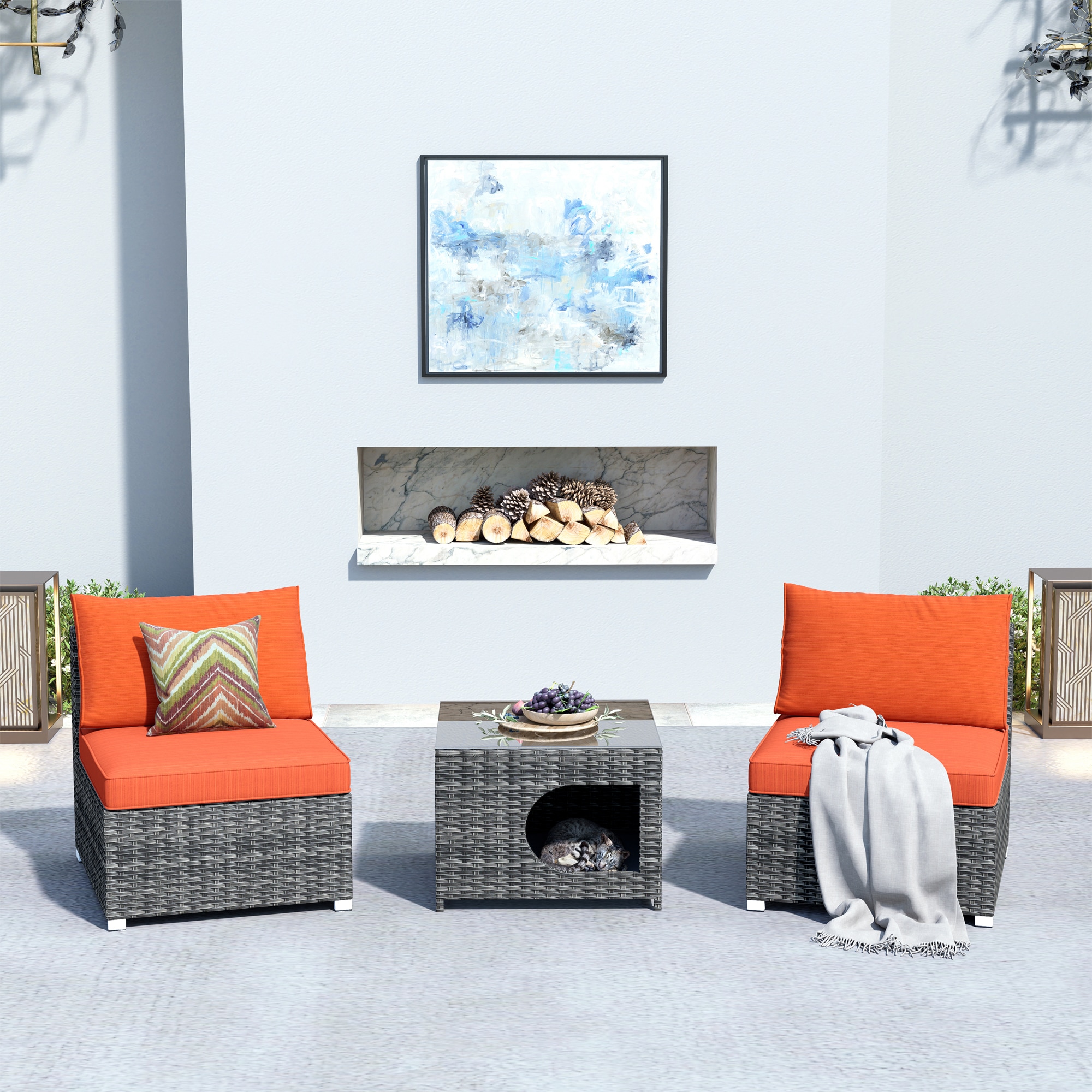 XIZZI XIHOPPET802-O Sunrise Set of 2 Rattan Gray Metal Frame Stationary Conversation Chair with Orange Cushioned Seat