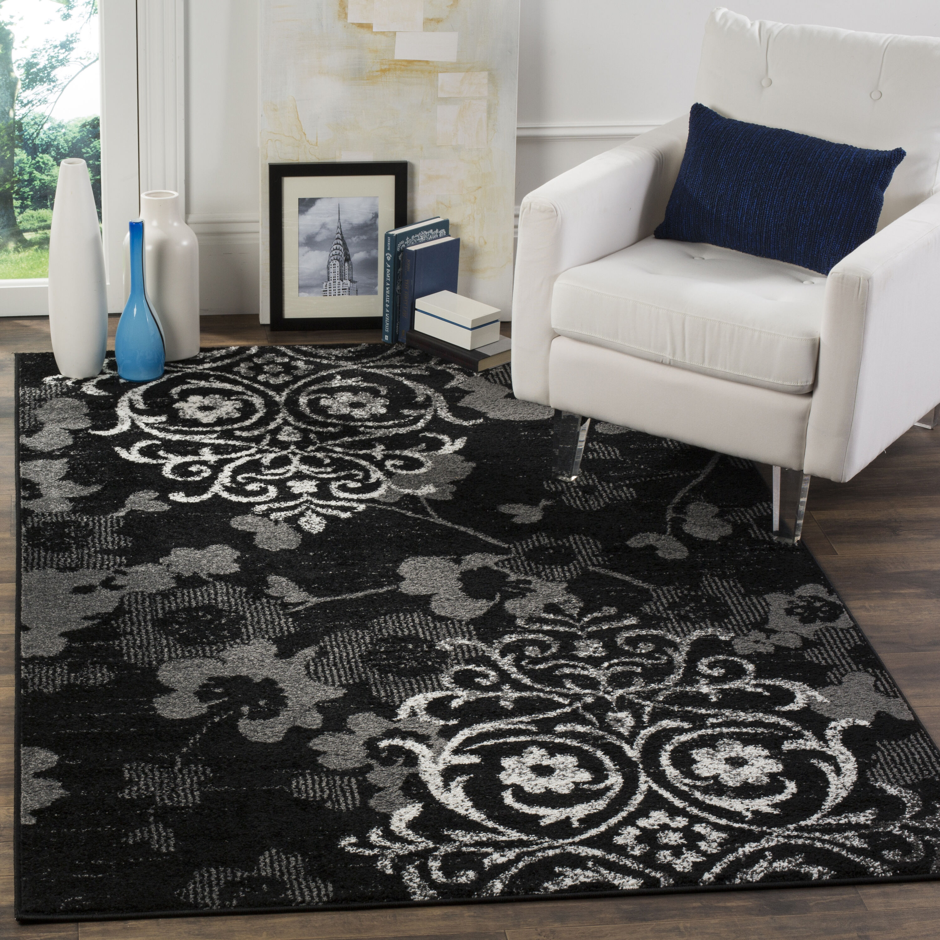Safavieh ADR114A-3SQ Adirondack Serene 3 x 3 (ft) Loomed Polypropylene Black/Silver Square Indoor Floral/Botanical Bohemian/Eclectic Throw rug