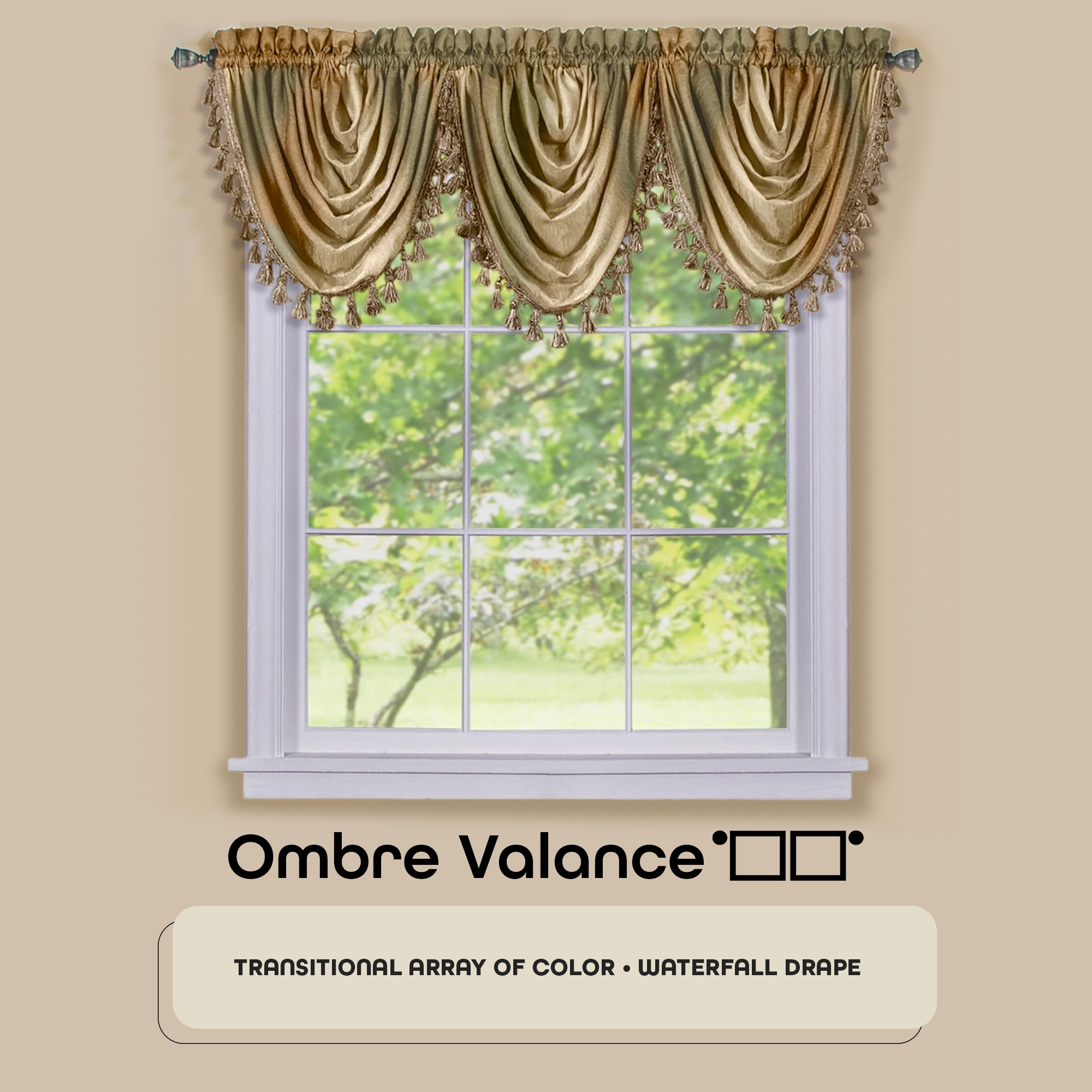 Beige Ombre Waterfall Light Filtering Curtain Valance with Tassels, 46x42