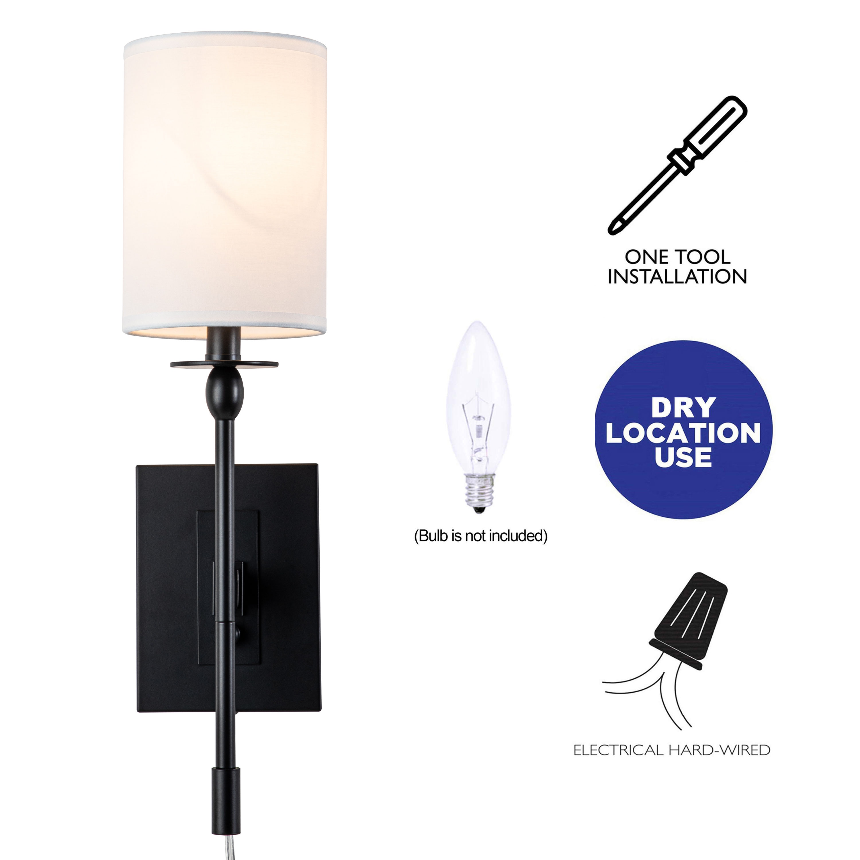 Black Metal Wall Sconce with White Fabric Shade