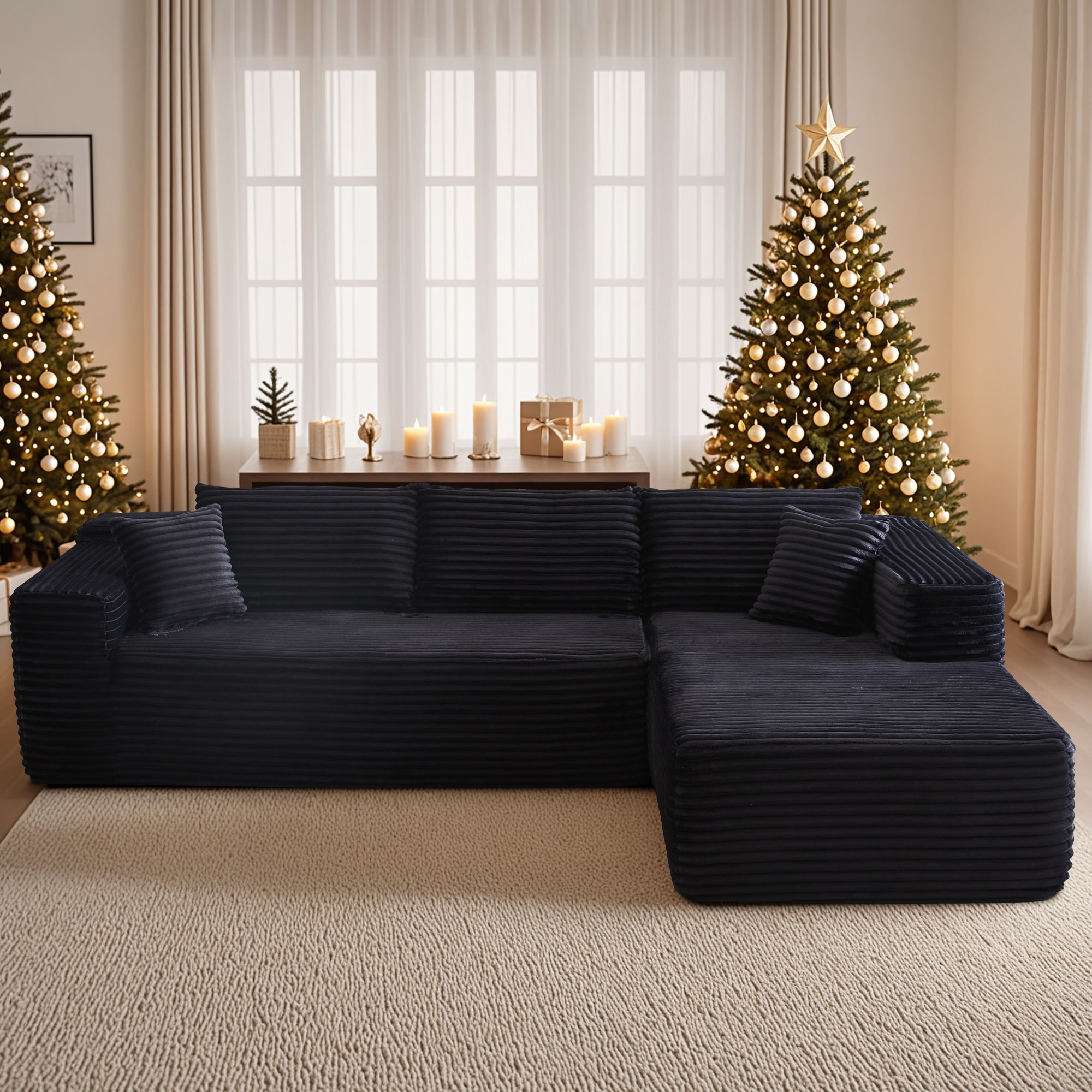 Pouuin SVIVI-430R 106.2-in Casual Black Plush Corduroy 3 -seater Sectional