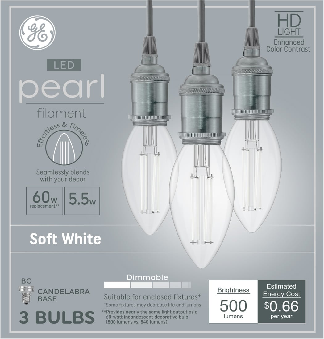 Ge Relax Hd Pearl Filament 60 Watt Eq Bc Soft White Candelabra Base E 12 Dimmable Led 4814