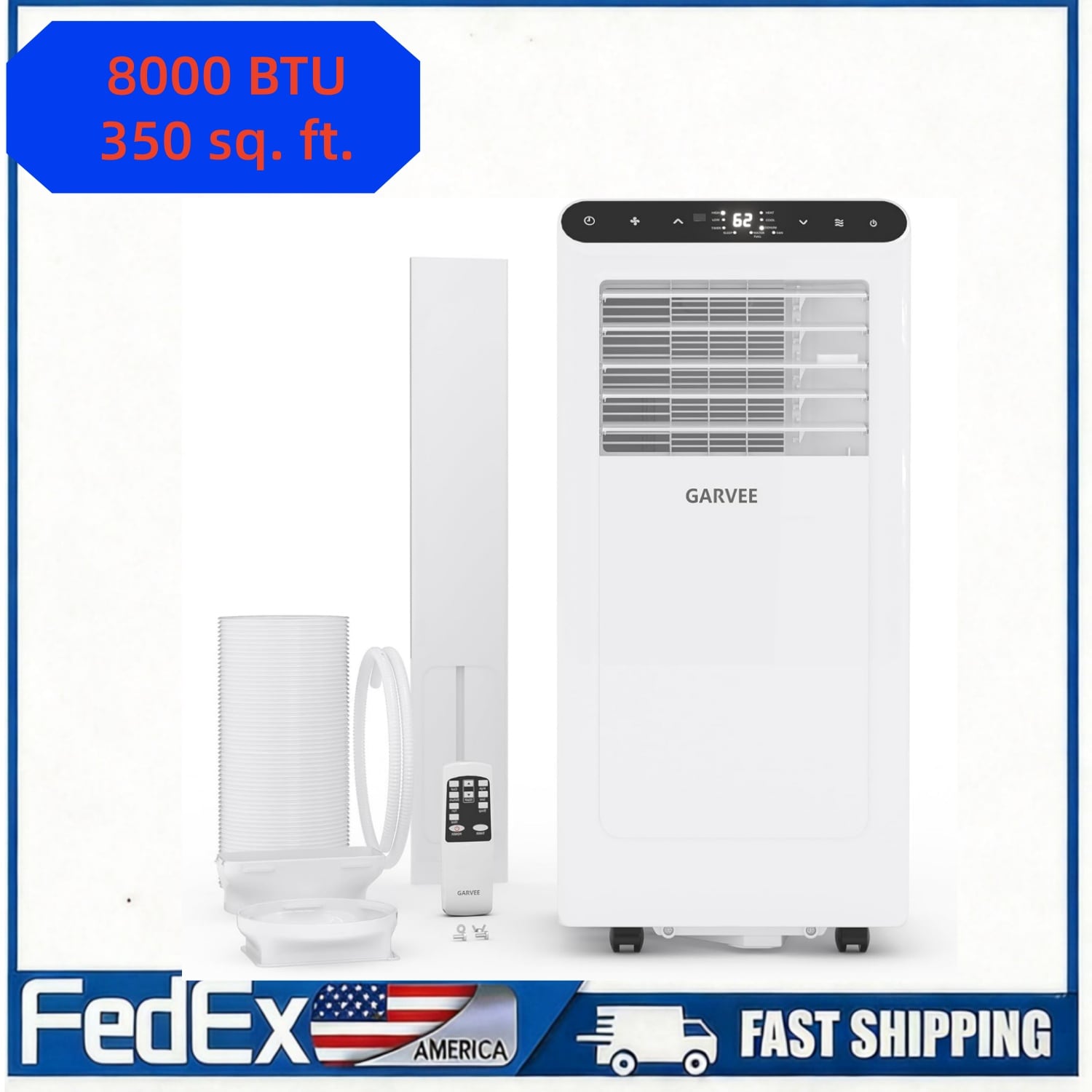 Garvee 8000 BTU Portable Air Conditioner 3-in-1 Unit Cools Up to 350 Sq Ft with Remote and Window Kit Energy Efficient Quiet Operation Window Kit Included Easy Roll Casters