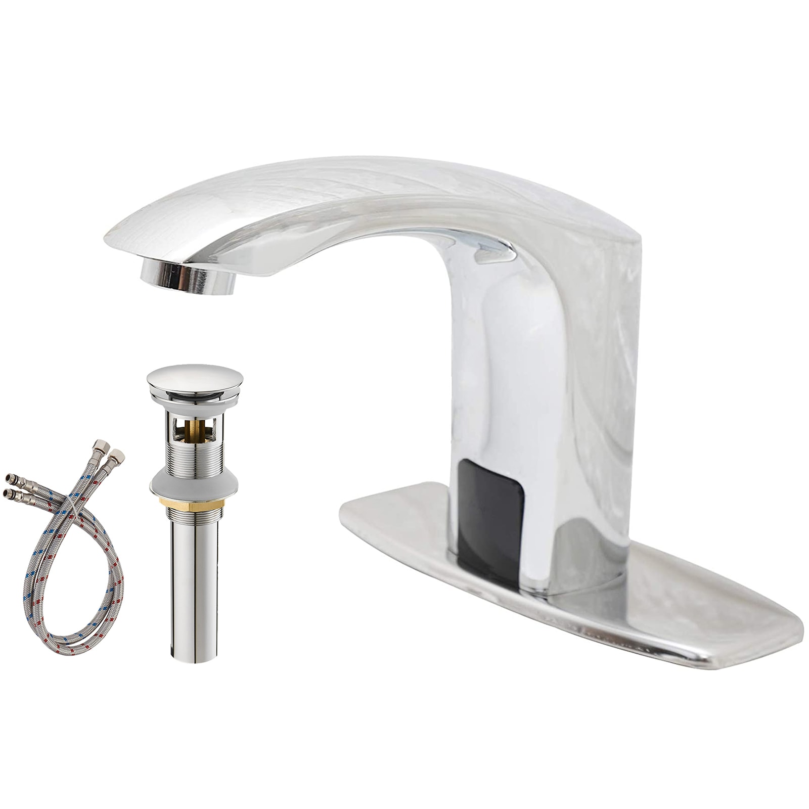 BWE A-918106-C-2 Polished Chrome Single hole Touchless WaterSense Mid-arc Commercial/Residential Touchless Bathroom Sink Faucet with Drain with Deck Plate