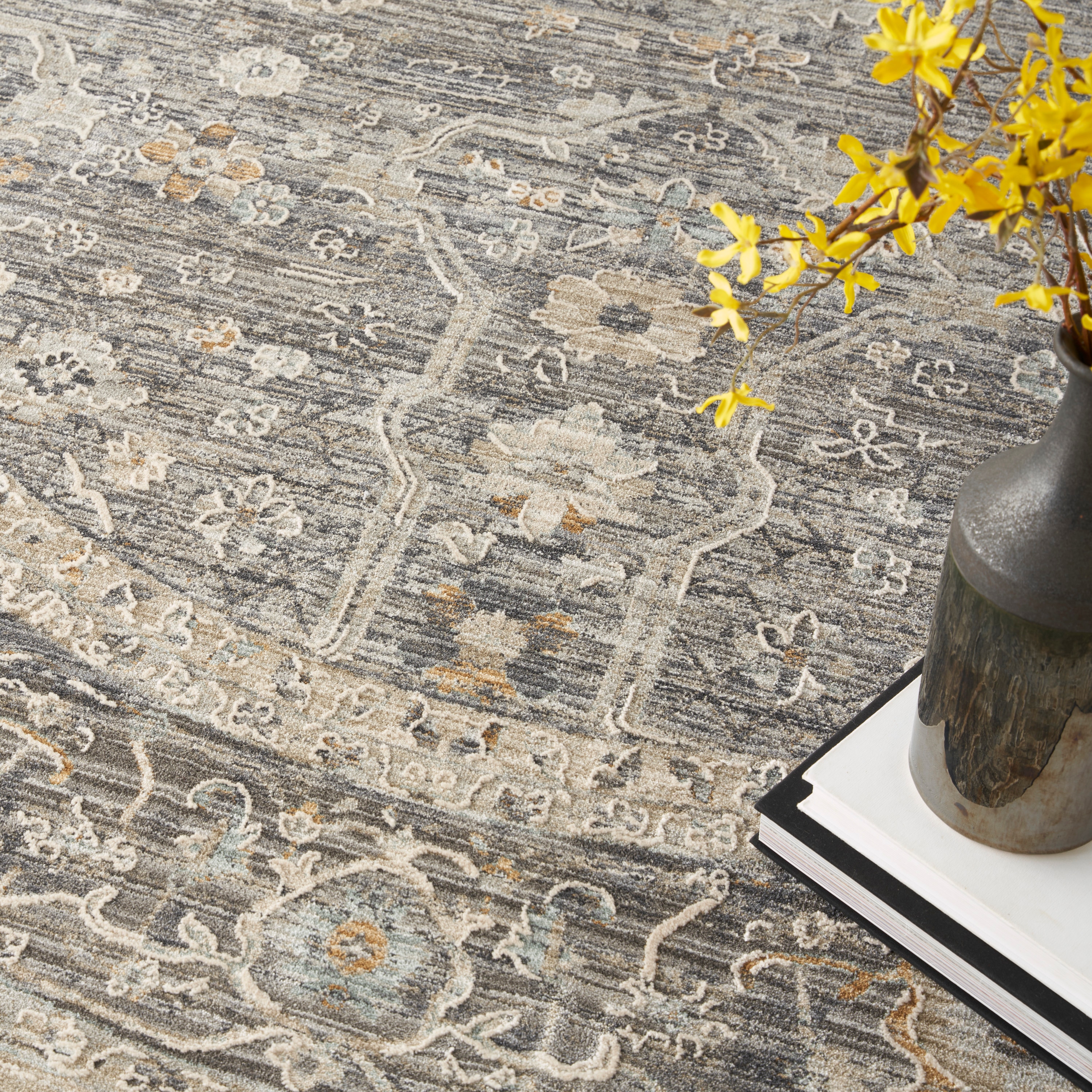 Nyle Slate Multicolor Round Bohemian Floral Rug