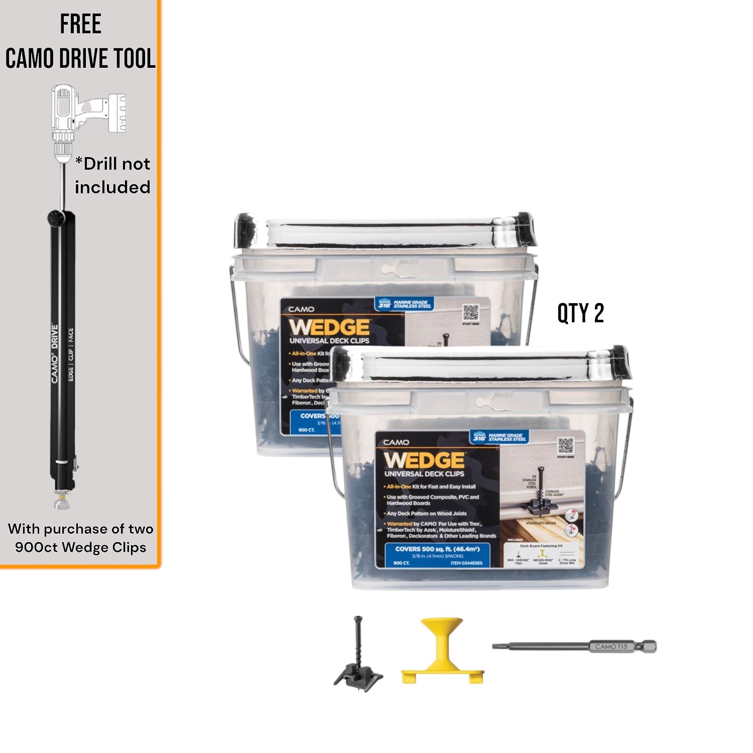CAMO 0344656S-B1 Wedge clip and Drive Decking Tool Bundle 1.75 Inches 316 Stainless Steel Hidden Deck Fastener 1000 Square feet ( 1800 -Pack )
