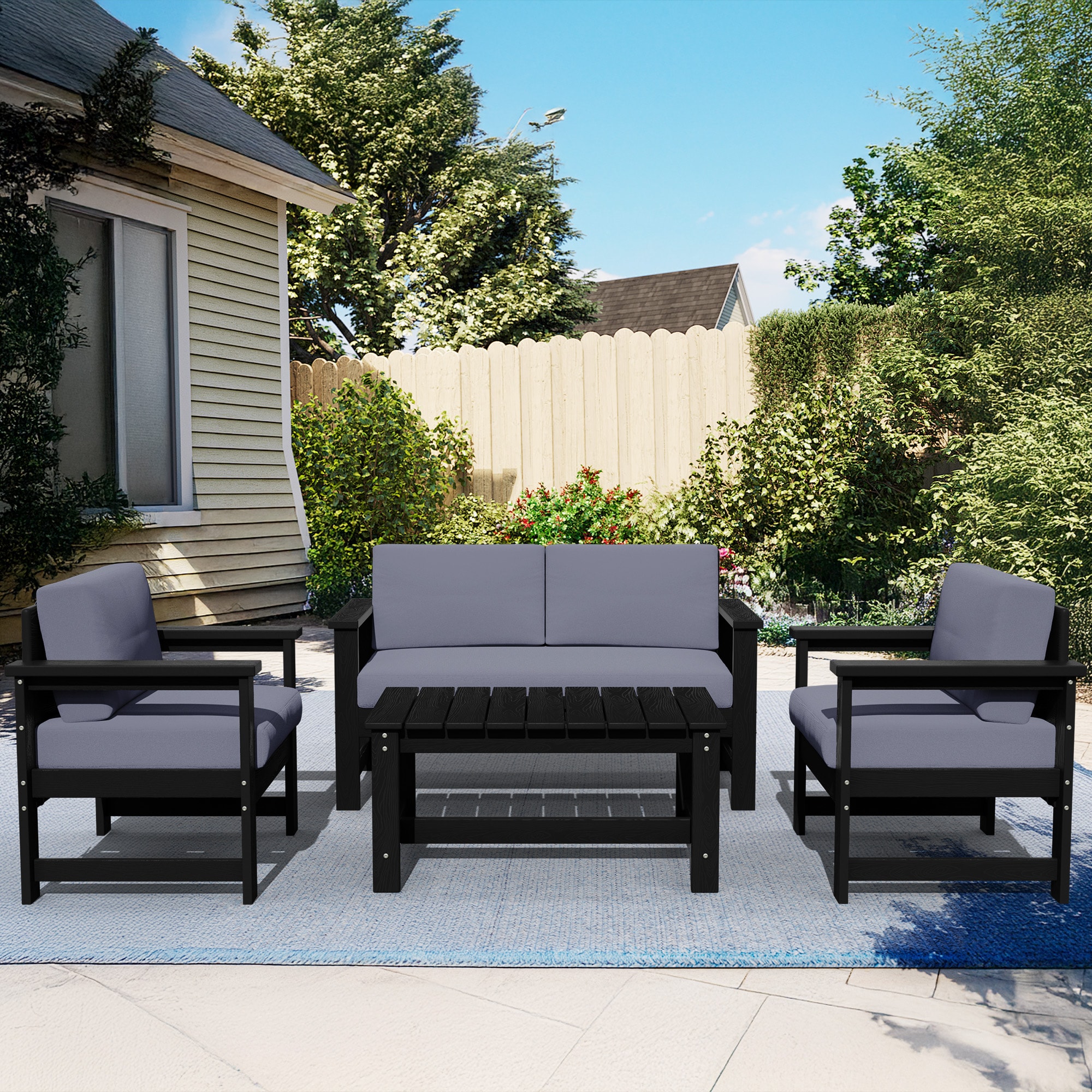 VOUA JJSF04-BG HDPE Outdoor Sofa Set for 4 with Coffee Table 4 -Piece Patio Conversation Set with Gray Cushions