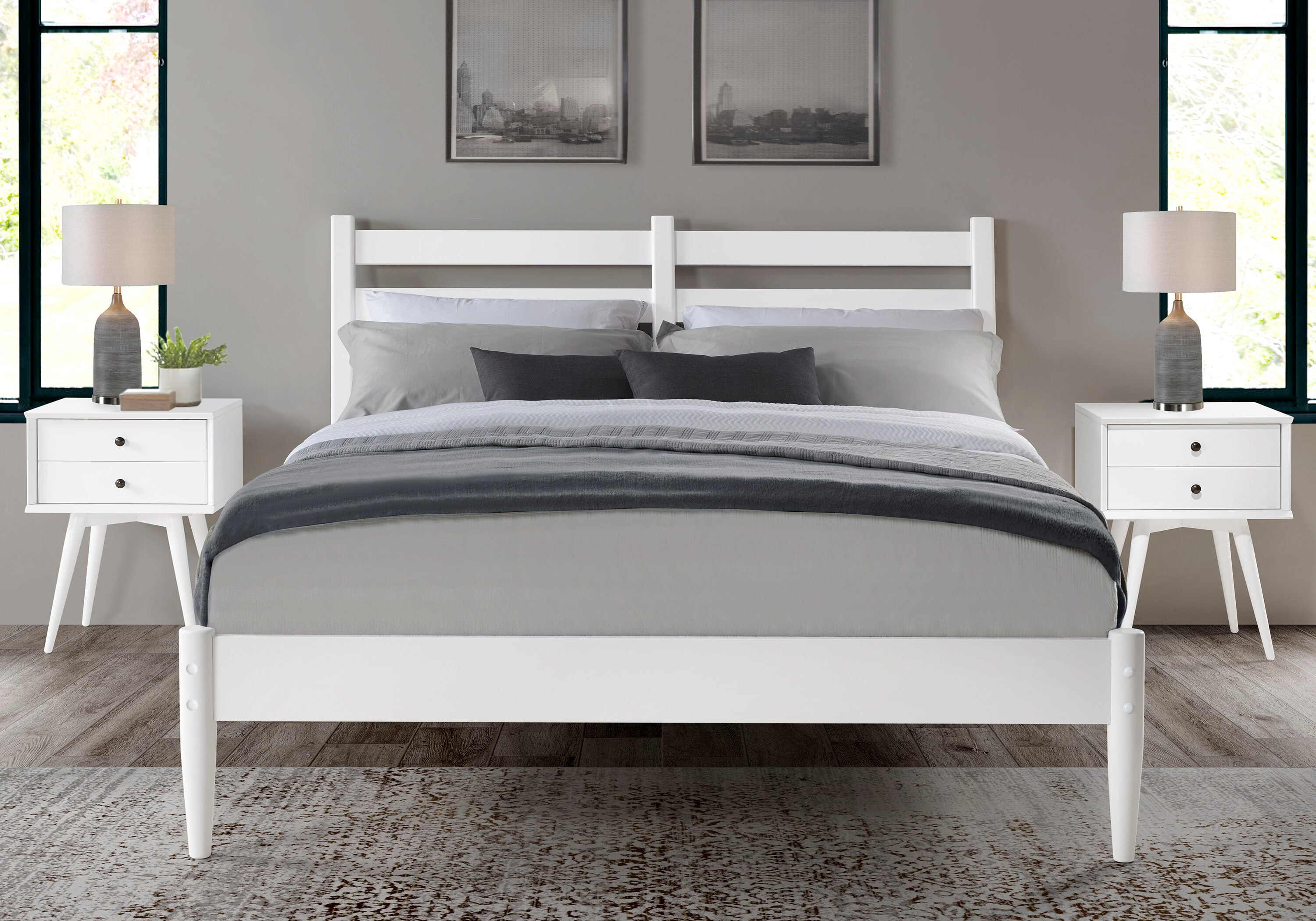 Elegant Pine Wood King-Size Bed with Slatted Headboard - White Finish