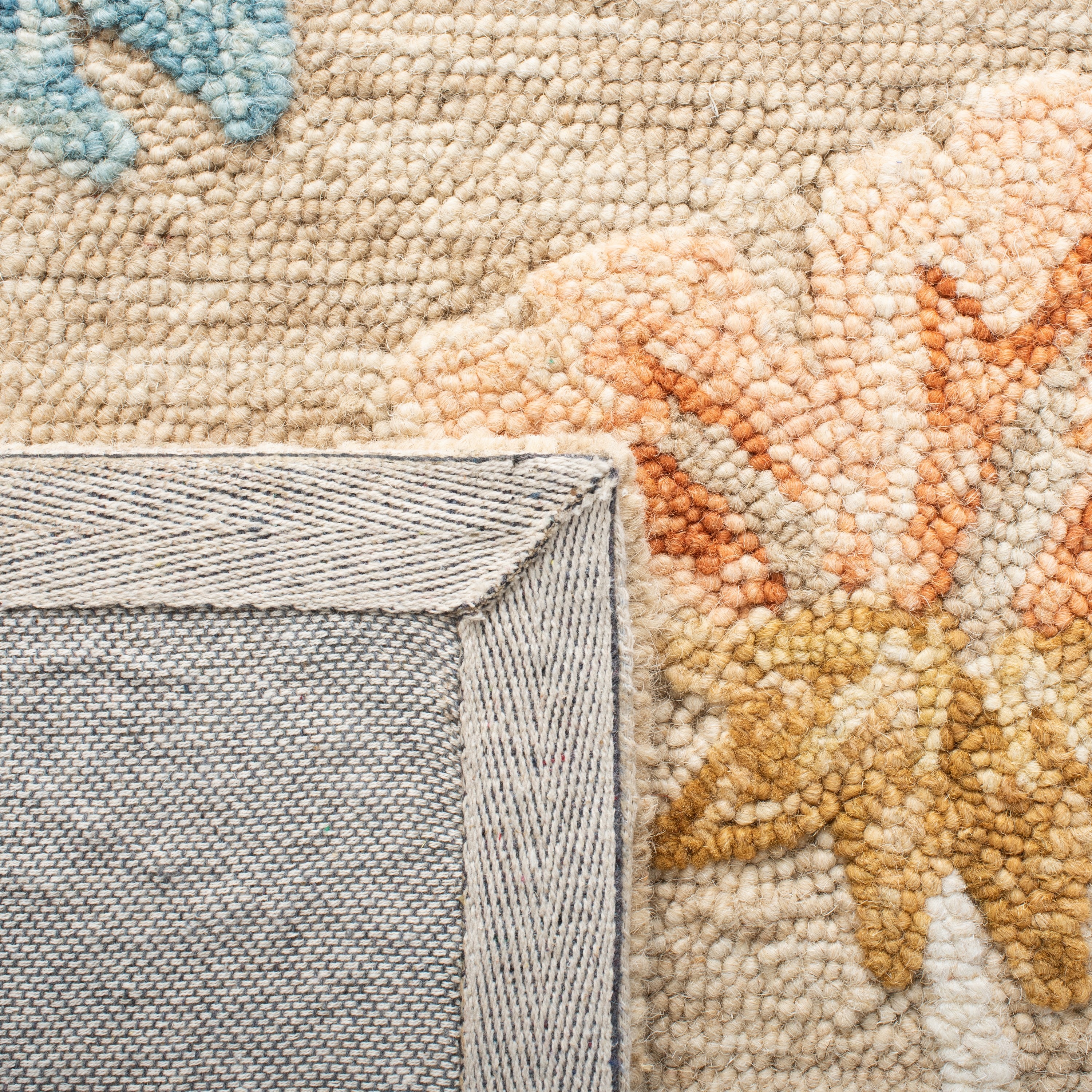 Beige and Blue Floral Hand-Tufted Wool Area Rug, 5' x 8'