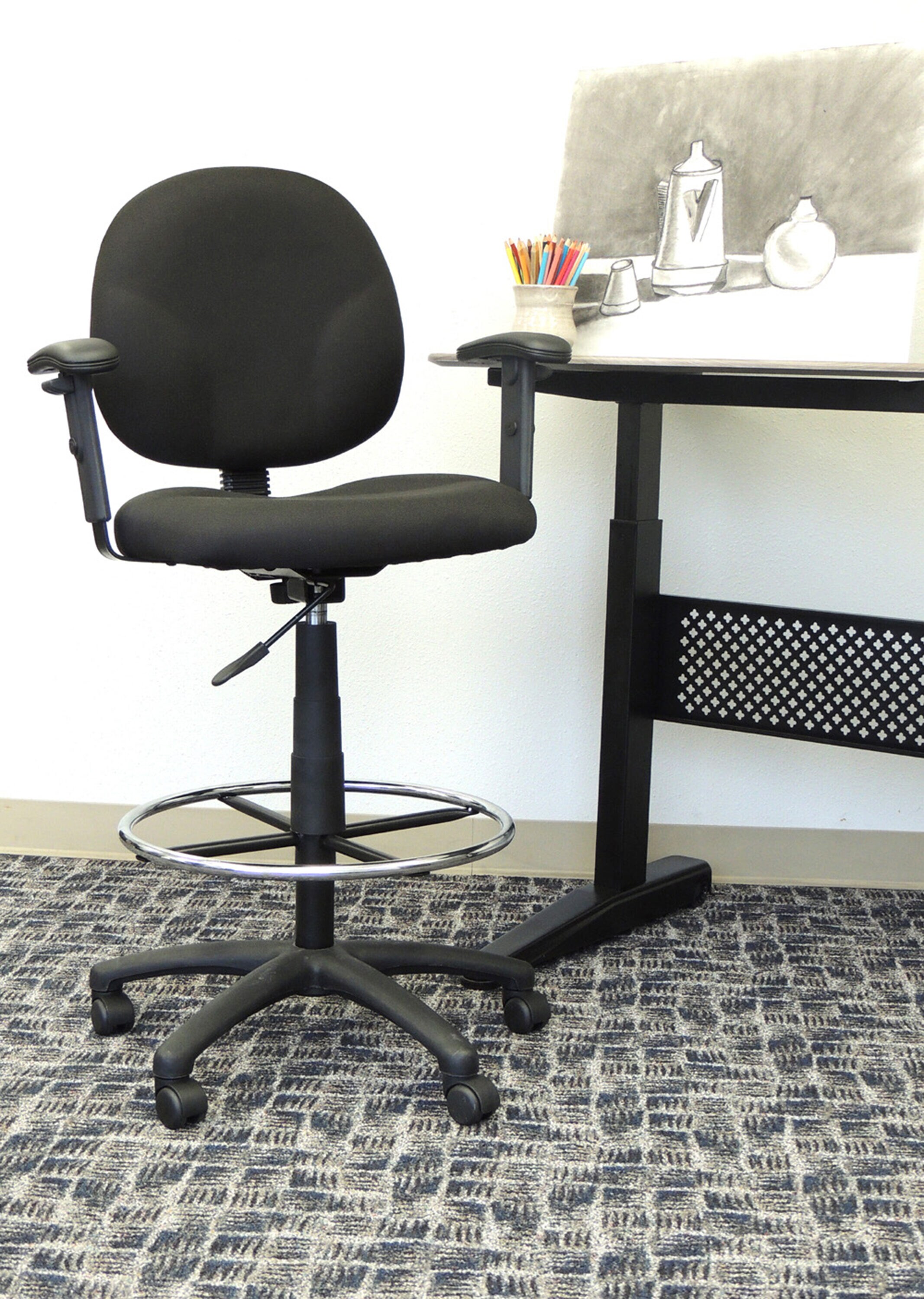 Black Ergonomic Fabric Drafting Stool with Adjustable Arms