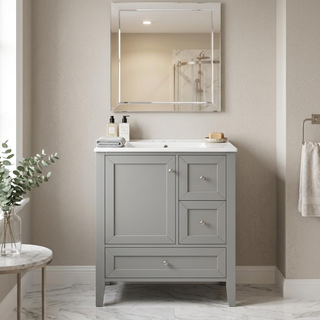 Homy Casa 23.4-in W Grey Bathroom Vanity with Soft Close Drawers Ceramic Sink Top and Storage Shelves
