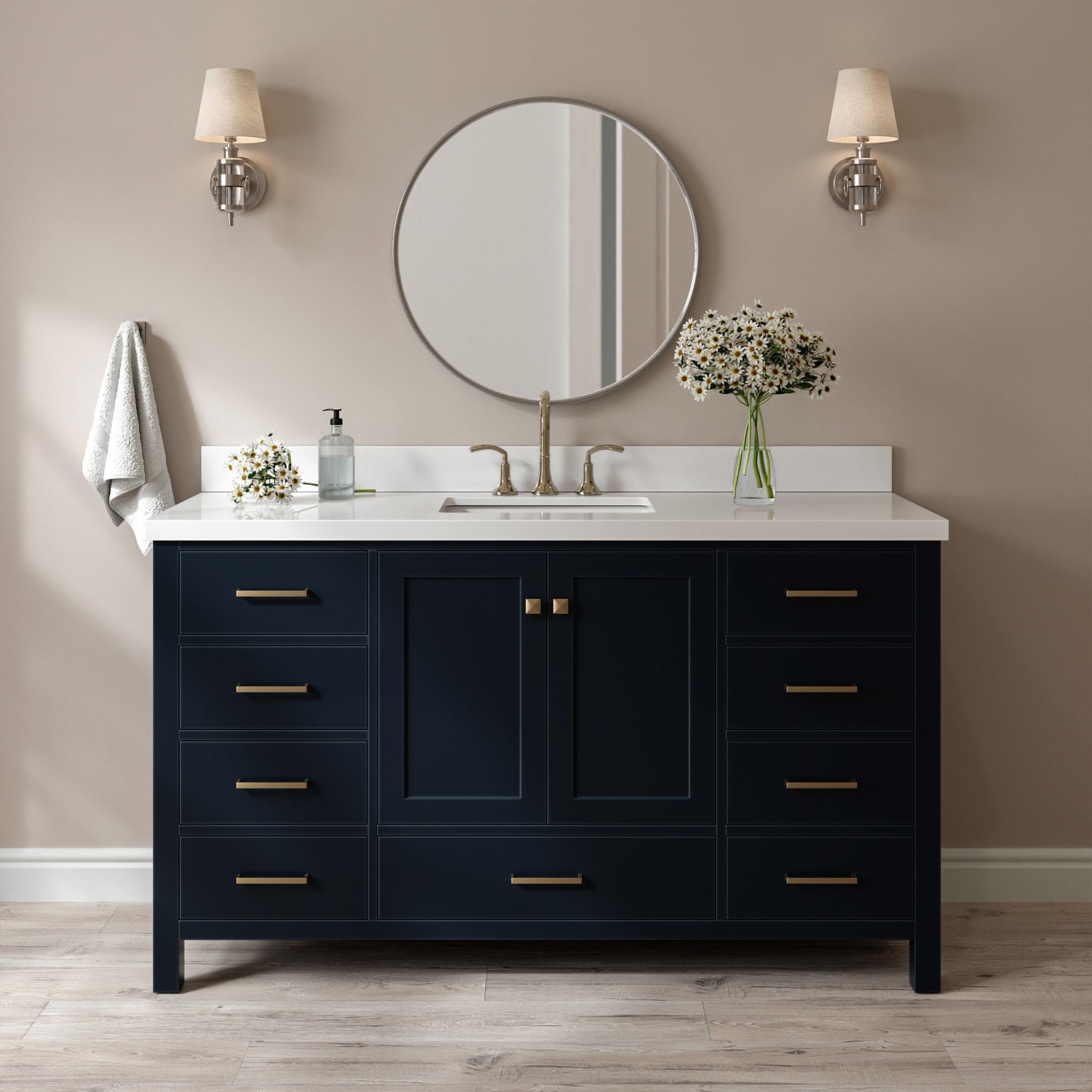 ARIEL A061SWQRVOMNB Cambridge 61-in Midnight Blue Undermount Single Sink Bathroom Vanity with Pure White Quartz Quartz Top
