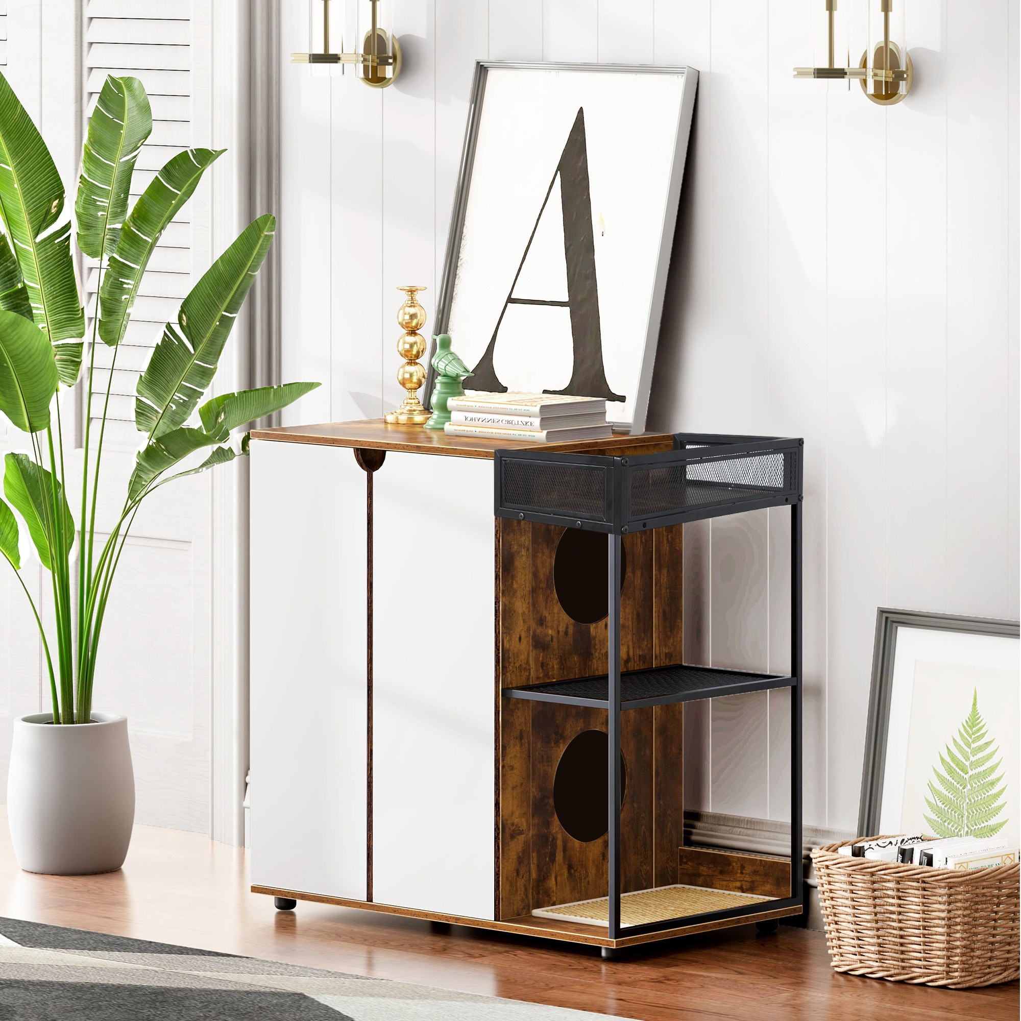 Blisstyle White + Walnut Litter box concealment