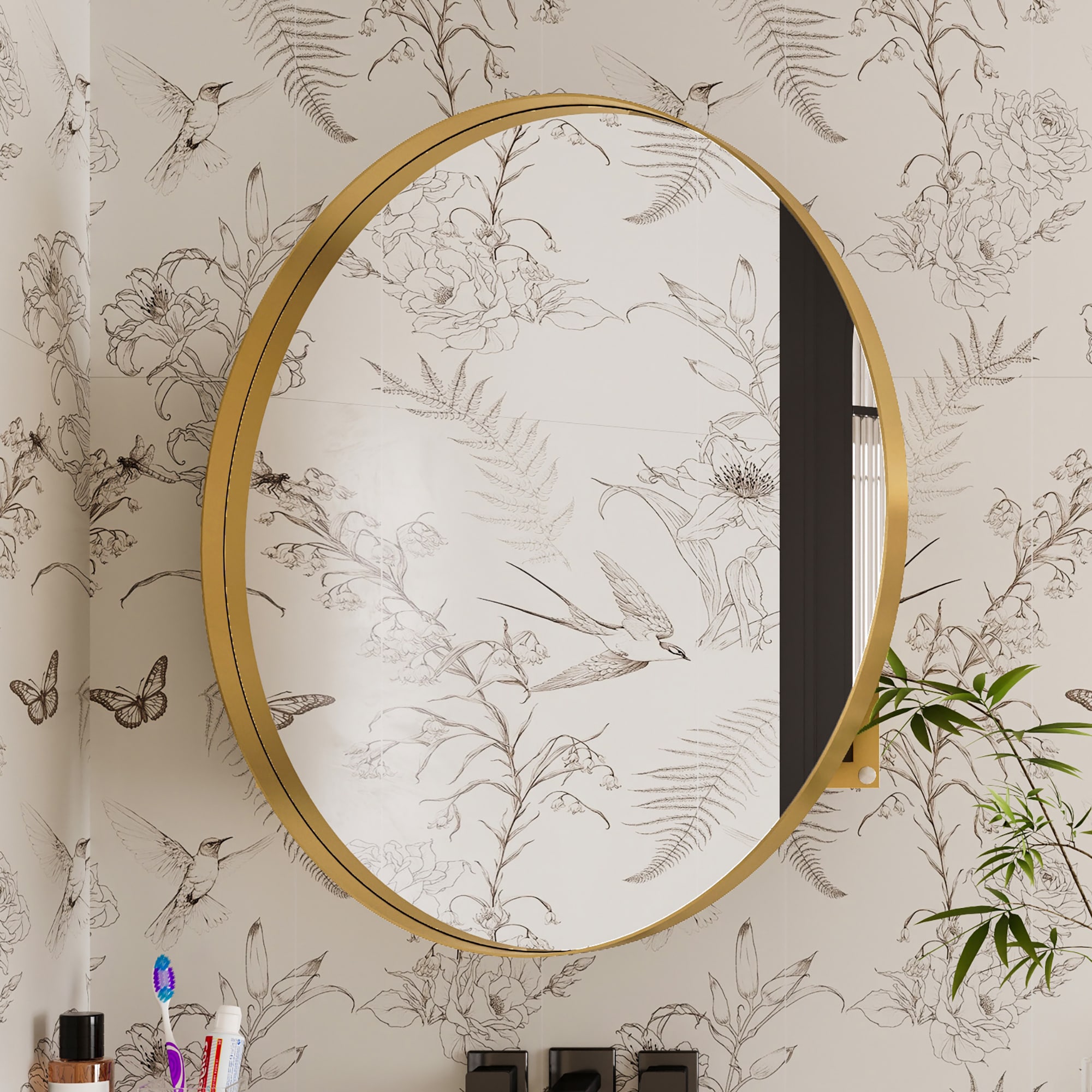 Forclover FSC-W1435P194675 31.5-in x 31.5-in Surface Mount Gold Mirrored Round Soft Close Medicine Cabinet