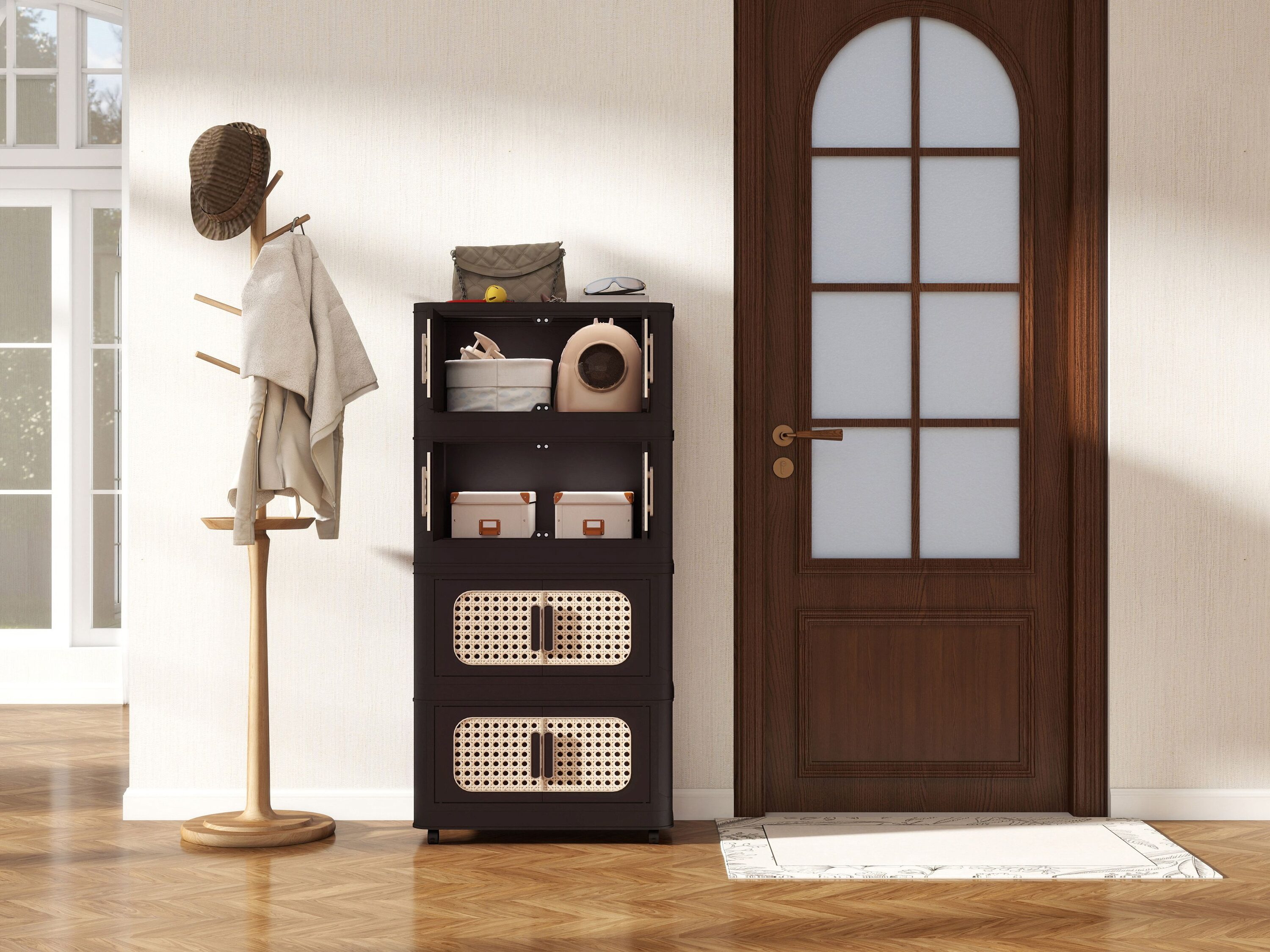 Blisstyle Retro Brown 20Inch Side Wide Folding Storage Cabinet 4 Tiers 19.69Inch11.81Inch40.55Inch Collapsible Storage Bins With Magnetic Door Plastic Storage Cabinet With Wheels