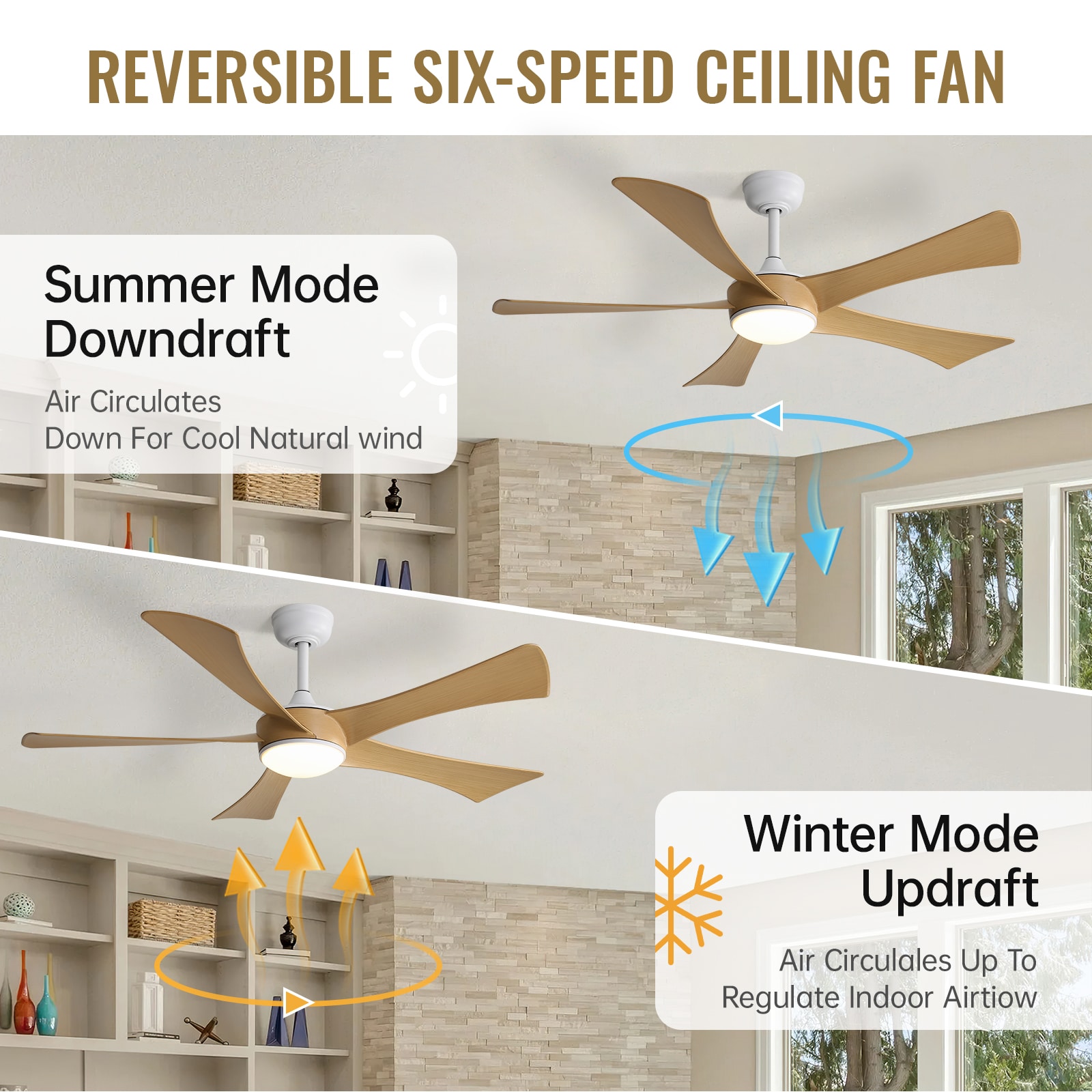 52'' White and Light Brown Low Profile Ceiling Fan with Remote
