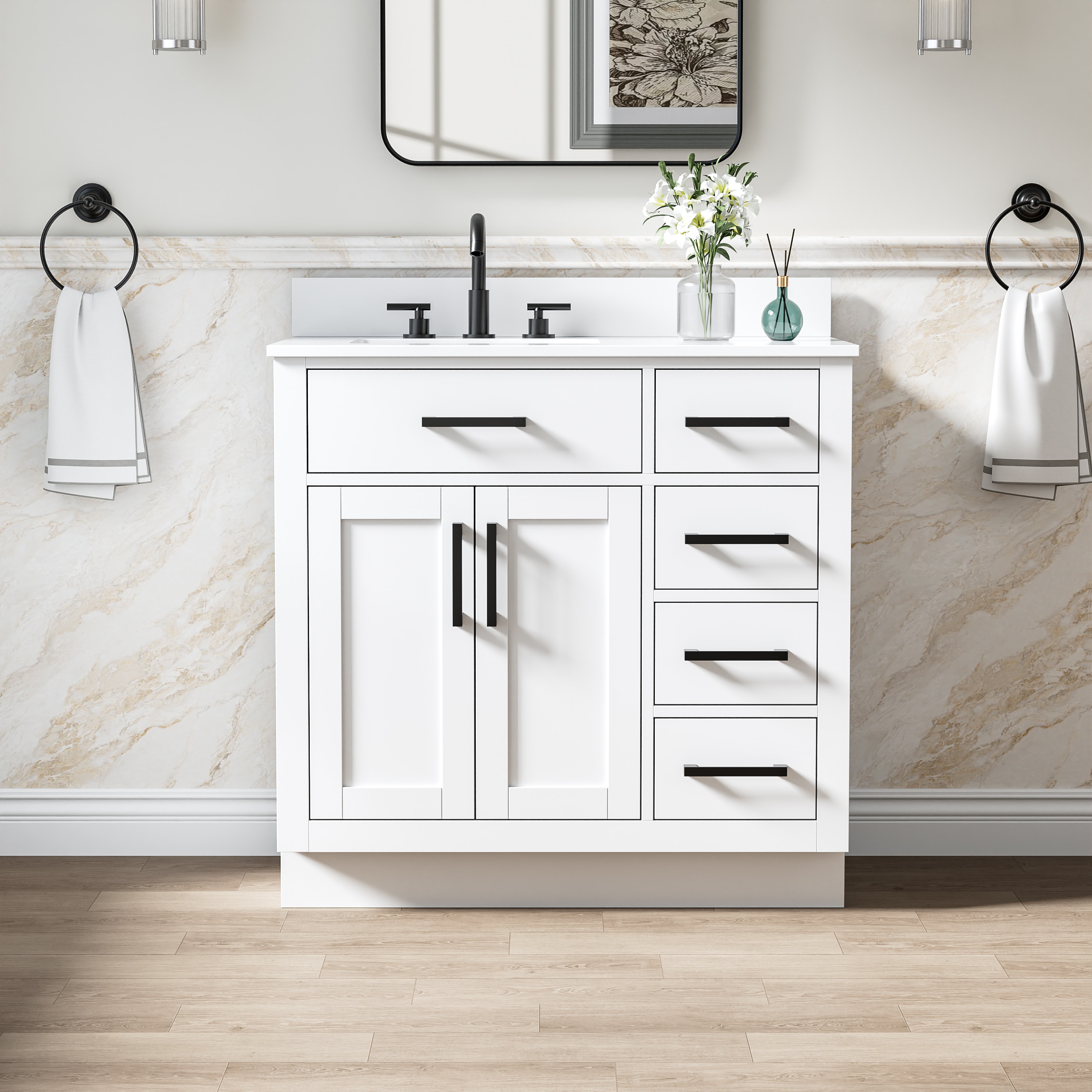 ANGELES HOME  Solid Wood 36-in White Undermount Single Sink Bathroom Vanity With White Cultured Marble Top And Matte Black Handles (Fully Assembled)
