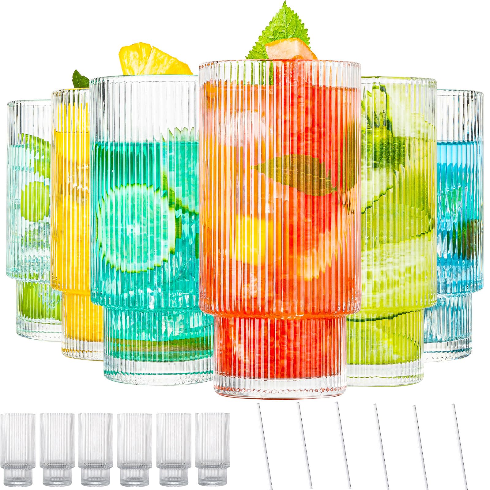 Aoibox  Origami Style 11 oz Highball Glasses Set Ribbed Ripple Vintage Glassware 6 Piece Drinking Glasses Set