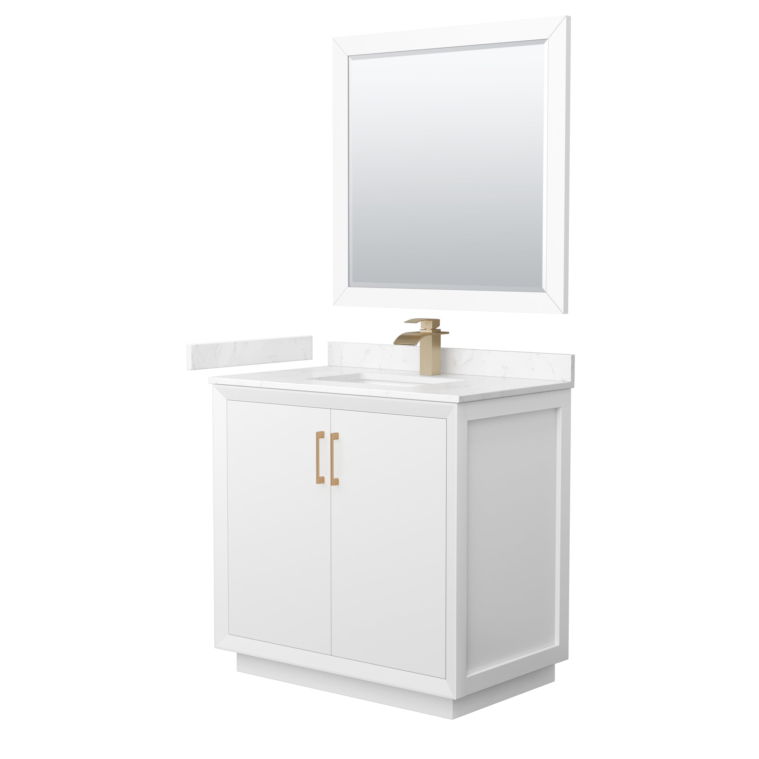 Wyndham Collection WCF414136SWZC2UNSM34 Strada 36-in White with Satin Bronze Trim Undermount Single Sink Bathroom Vanity with Carrara Cultured Marble Top (Mirror Included)