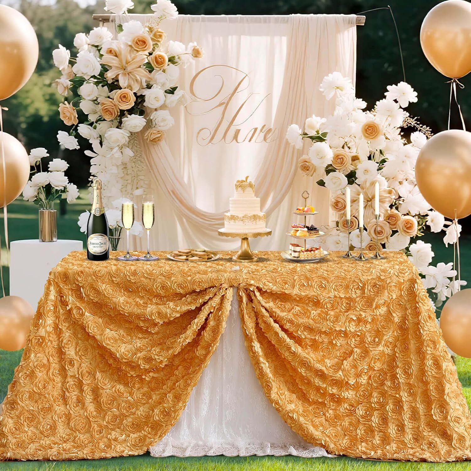 B-Cool B0CYGTMCWM Gold Rosette Tablecloth 3D Satin 60x102 Inch Rectangle Flower Table Cloths for Wedding Birthday Party Outdoor Ceremony Floral Table Decorations