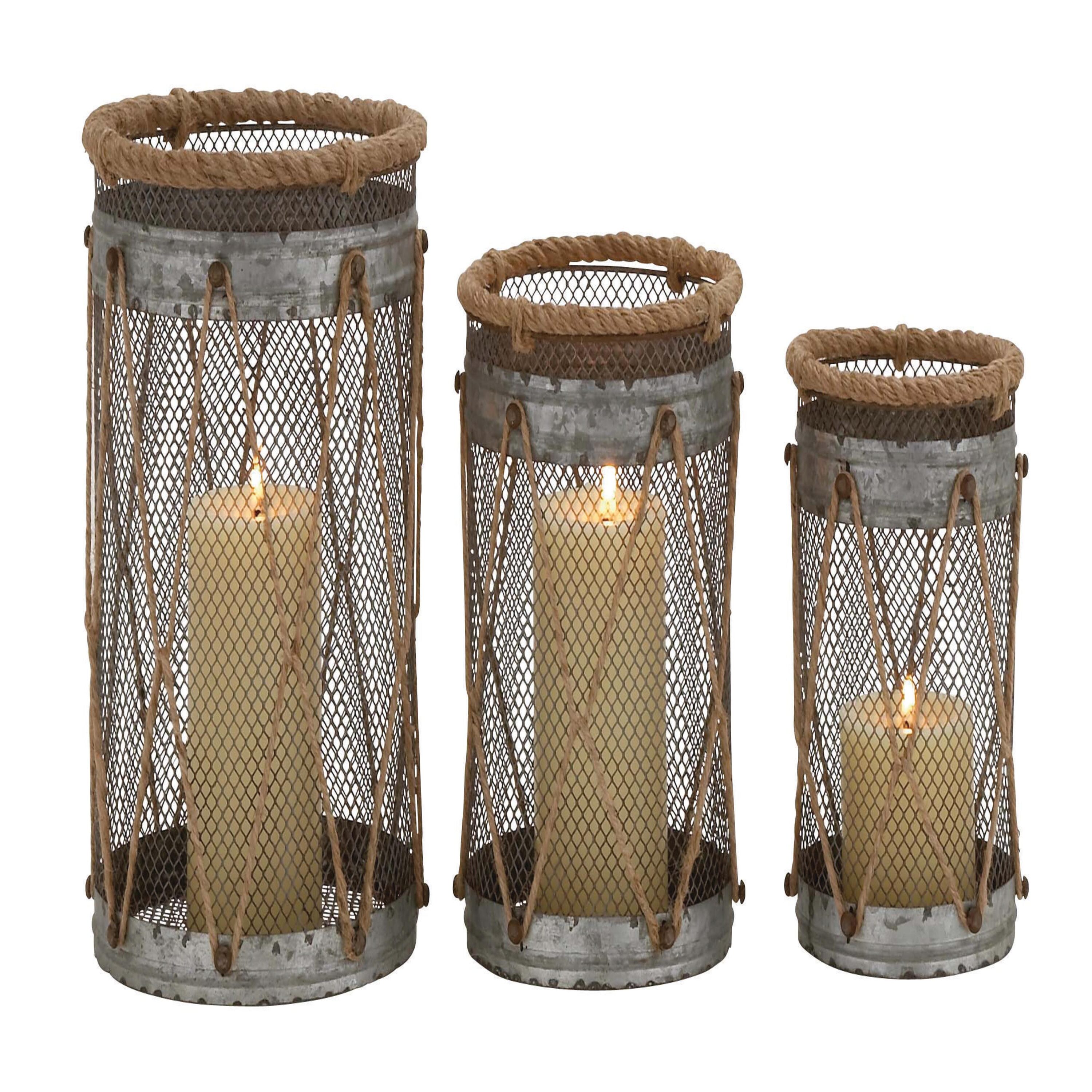 Elegant Silver Metal Hanging Hurricane Candle Lantern Trio