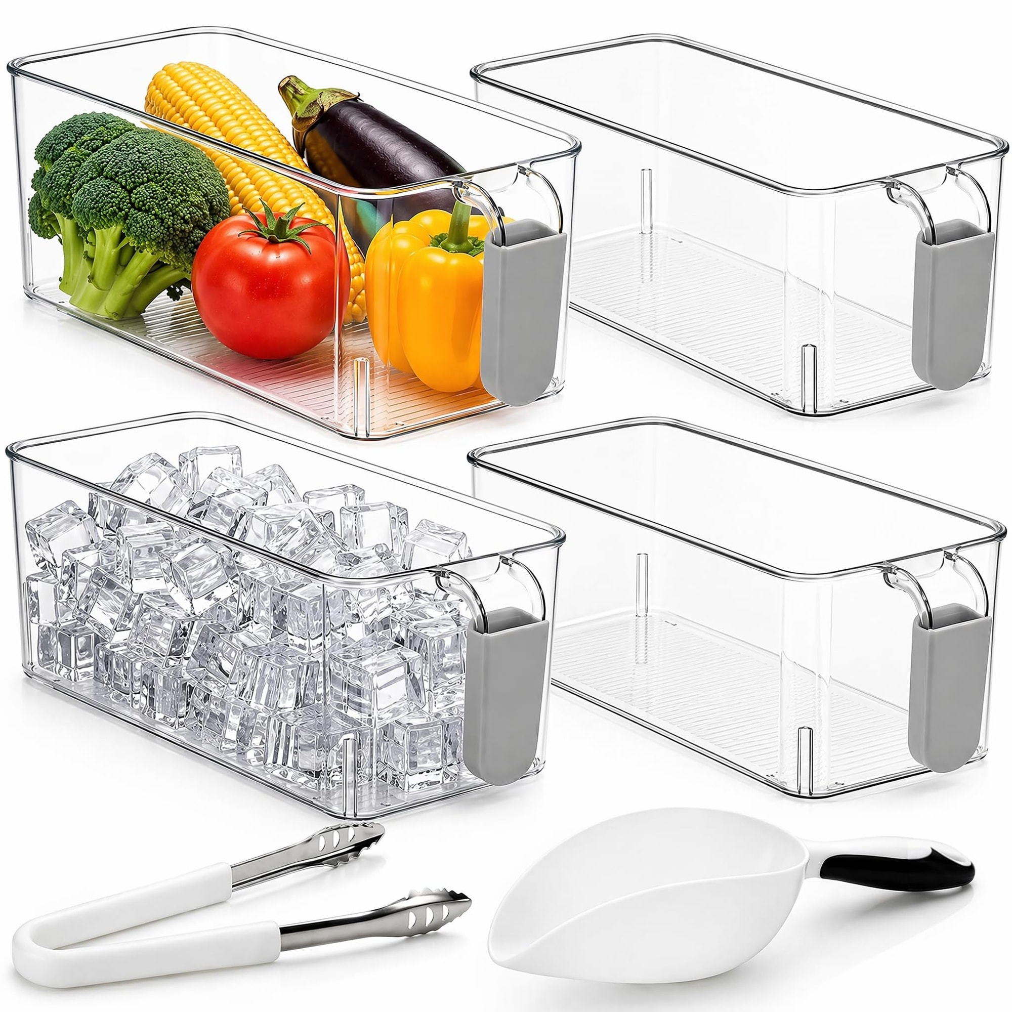 LAIFUCAM 4 Pack Clear Ice Bins for Freezer Plastic Ice Bucket with Flexible Scoop Ice Tong Pull Out Handle Ice Container Kitchen Food Storage #LLA0729A023