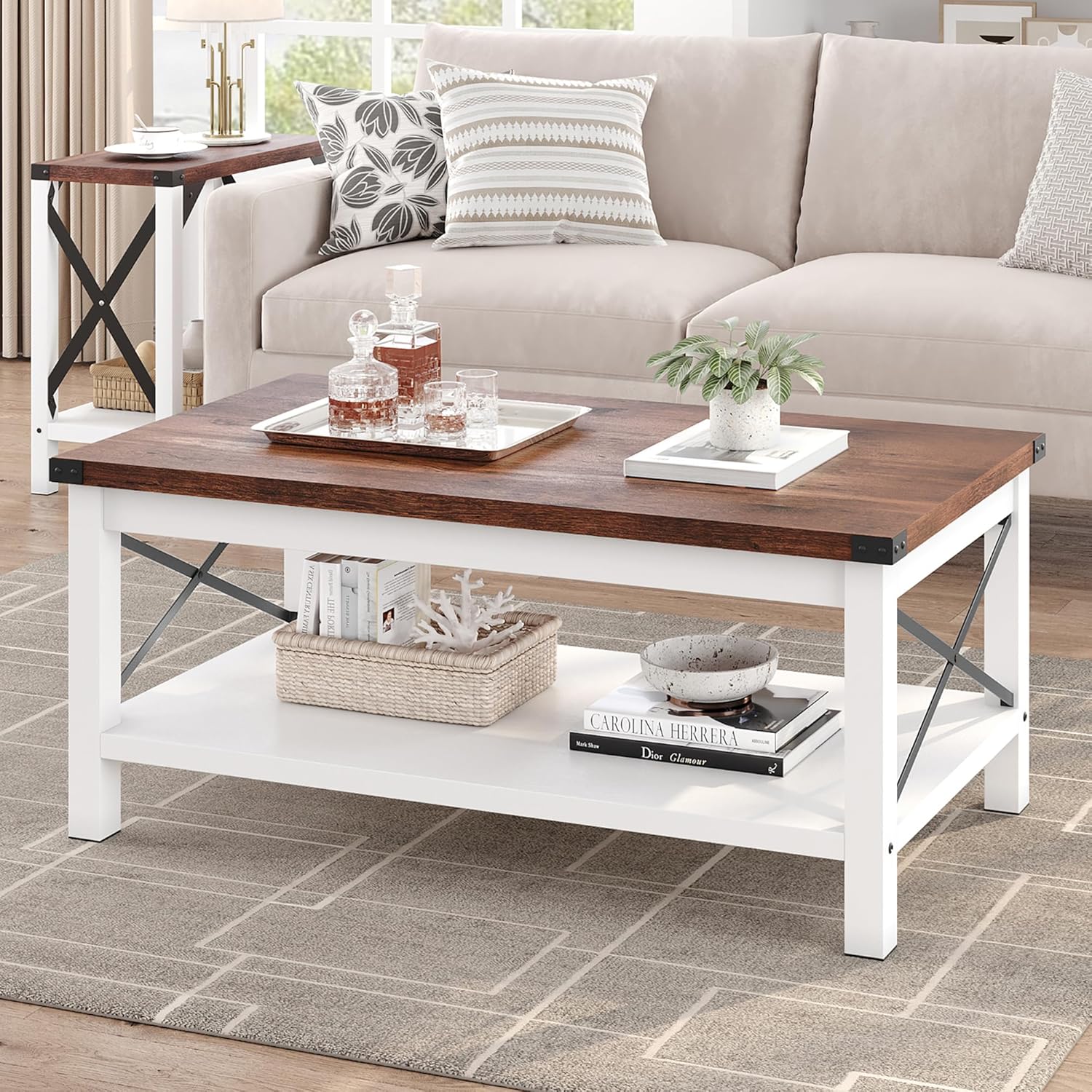 Garvee Farmhouse Coffee Table 2-Tier Rustic Center Table Living Room ...