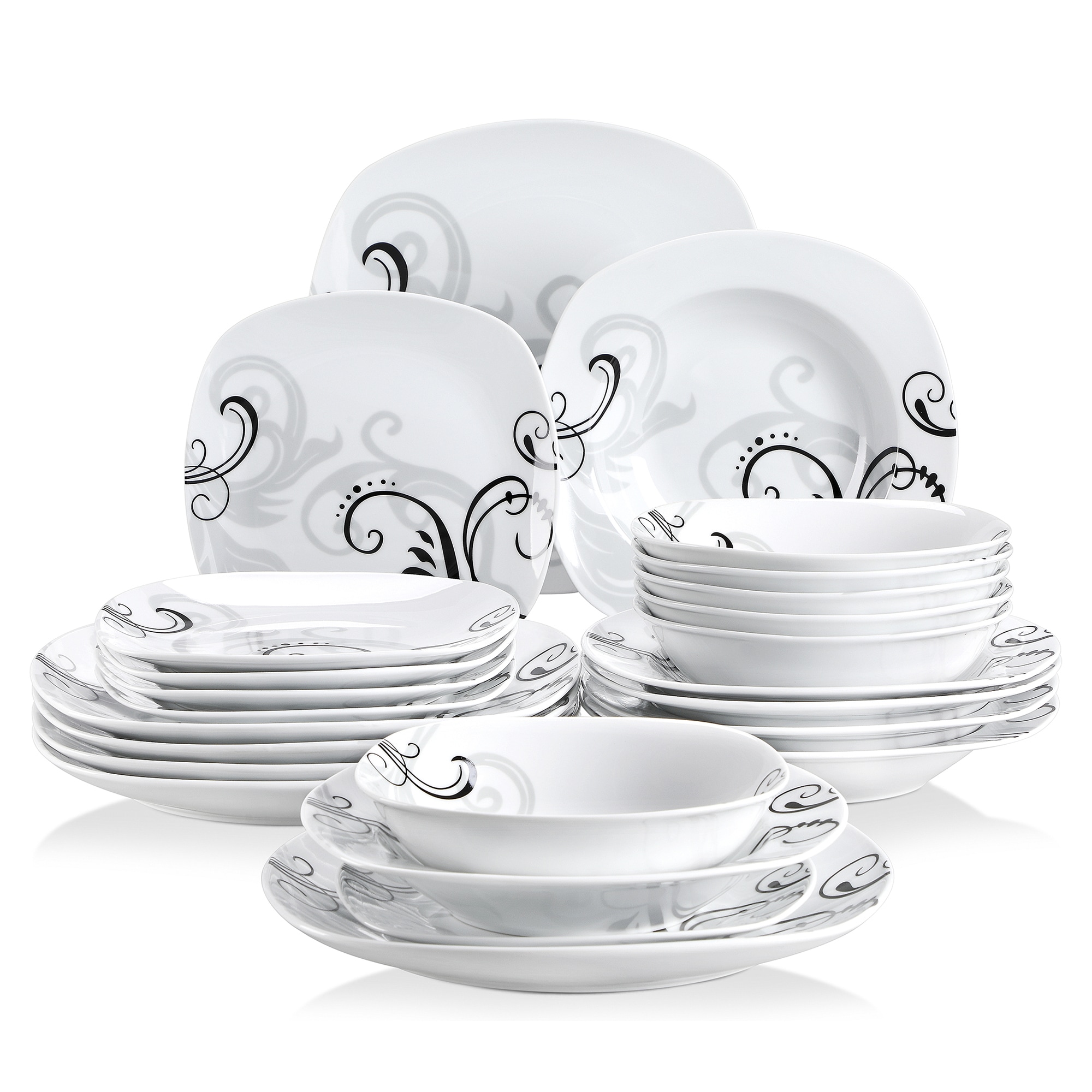 VEWEET ZOEY002 24 -Piece White Ground with Black Decals Porcelain Dinnerware