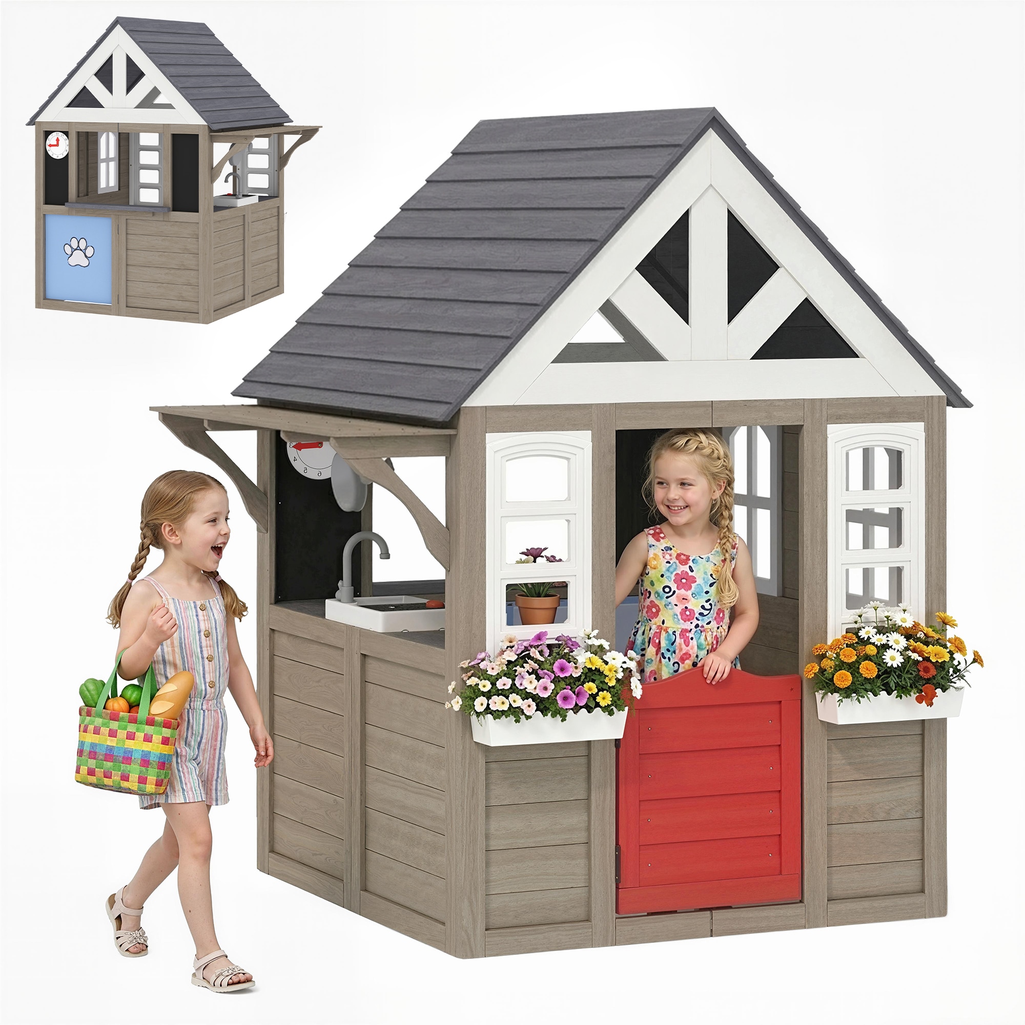 Qaba  Outdoor Playhouse Wooden Kids Playhouse with Dog Door Kids Cottage with Flower Box Cookware  Window for Backyard Garden Indoor Playroom Imaginative Play for Ages 2+ Gray